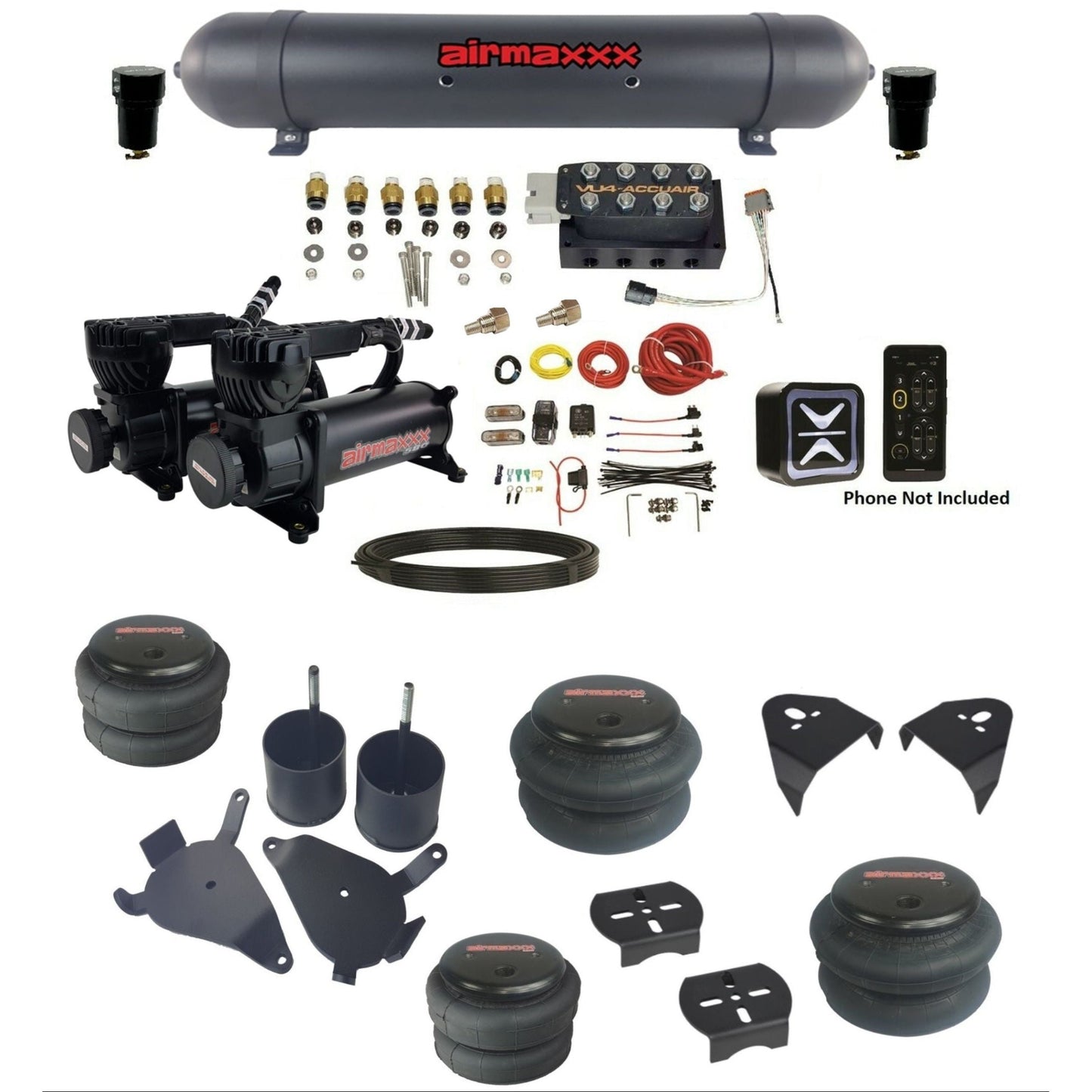 accuair e+ connect vu4 dual 580 black compressors aluminum tank & bags air ride kit for 1982-2005 chevy s10 KS10-580B2-57ABK-VU4E-WK-HF