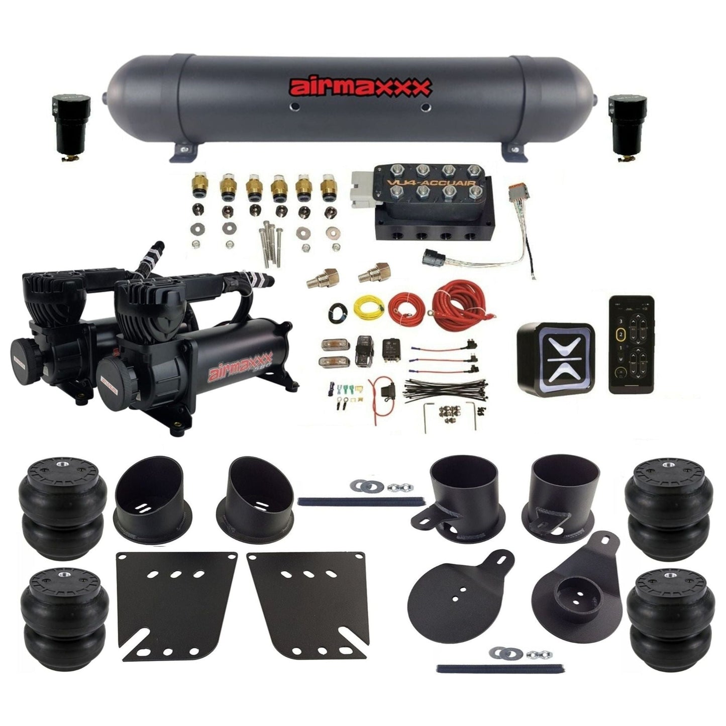 accuair e+ connect vu4 dual 580 black compressors aluminum tank slam bags air ride kit for 1958-1964 chevy impala KIMP58-580B2-57ABK-VU4E-WK-HFSS7