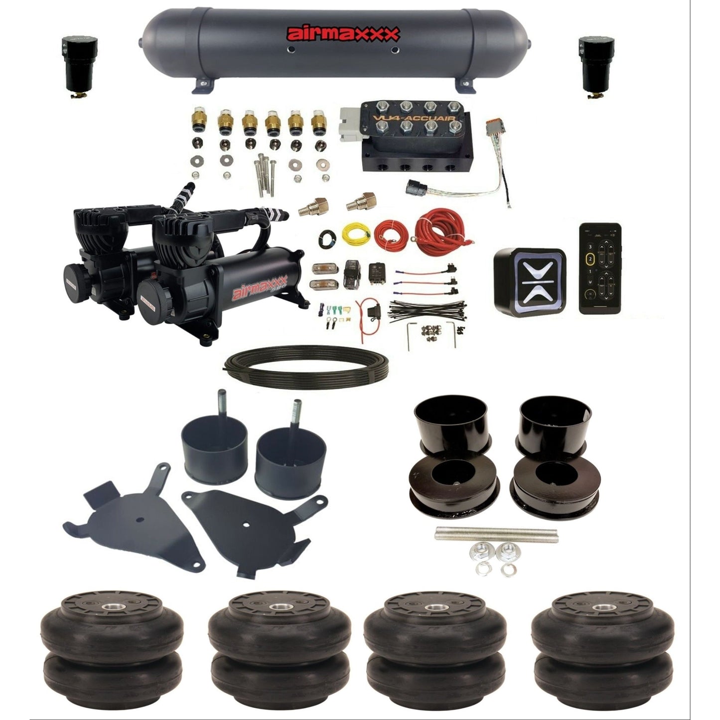 accuair e+ connect vu4 dual 580 black compressors aluminum tank slam bags air ride kit for 1978-1988 gm g-body KGBDY-580B2-57ABK-VU4E-WK-HFSS6