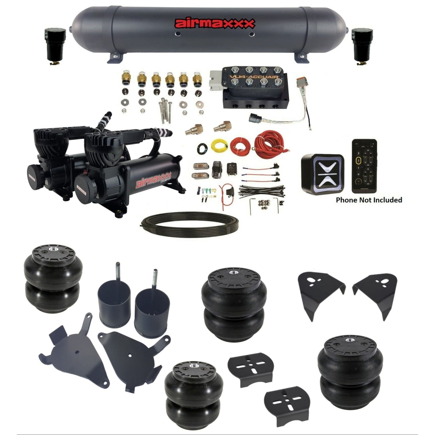 accuair e+ connect vu4 dual 580 black compressors aluminum tank & slam bags air ride kit for 1982-2005 chevy s10 KS10-580B2-57ABK-VU4E-WK-HFSS6SS7
