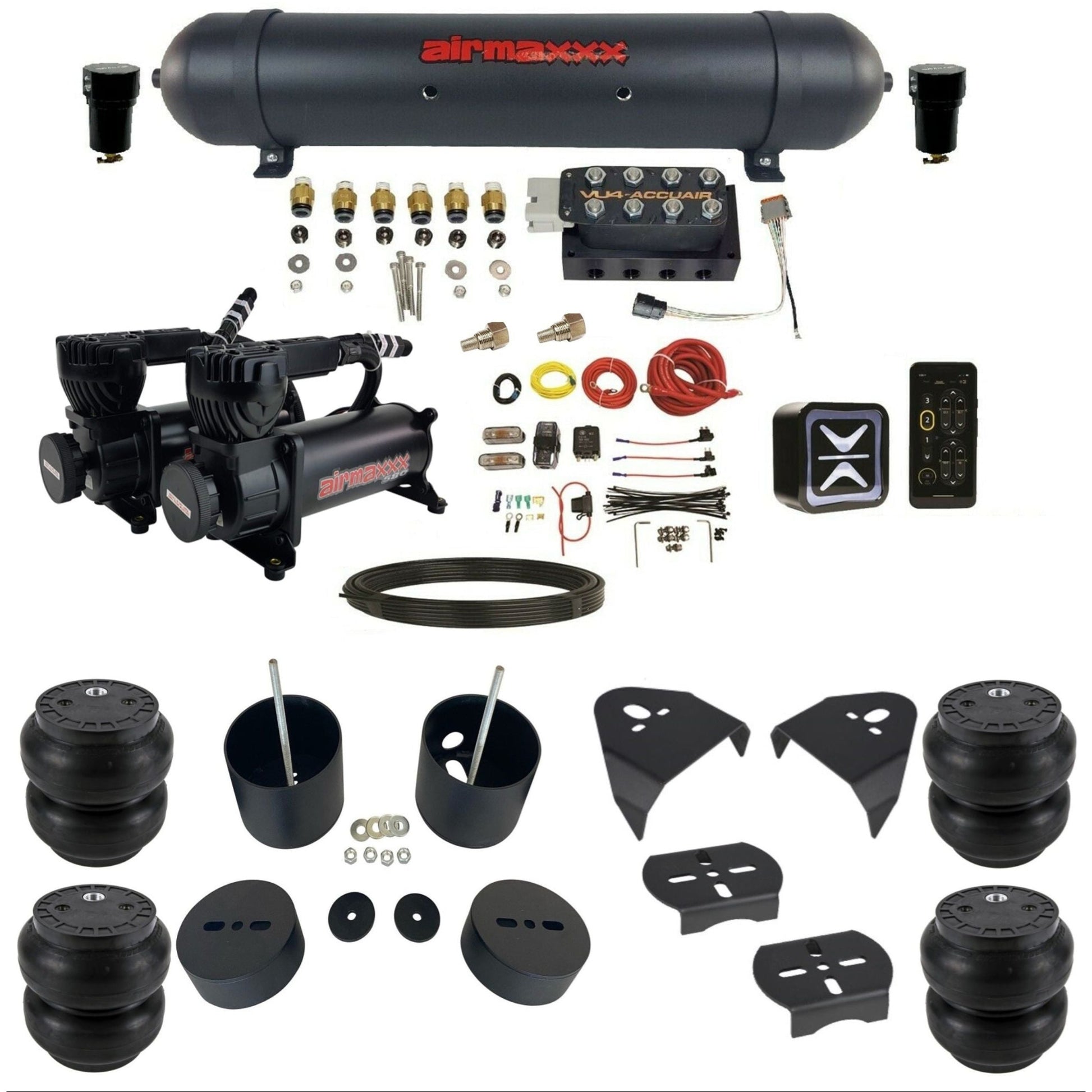accuair e+ connect vu4 dual 580 black compressors aluminum tank slam bags air ride kit for 1999-2006 silverado 1500 KGM99-580B2-57ABK-VU4E-WK-HFSS7 
