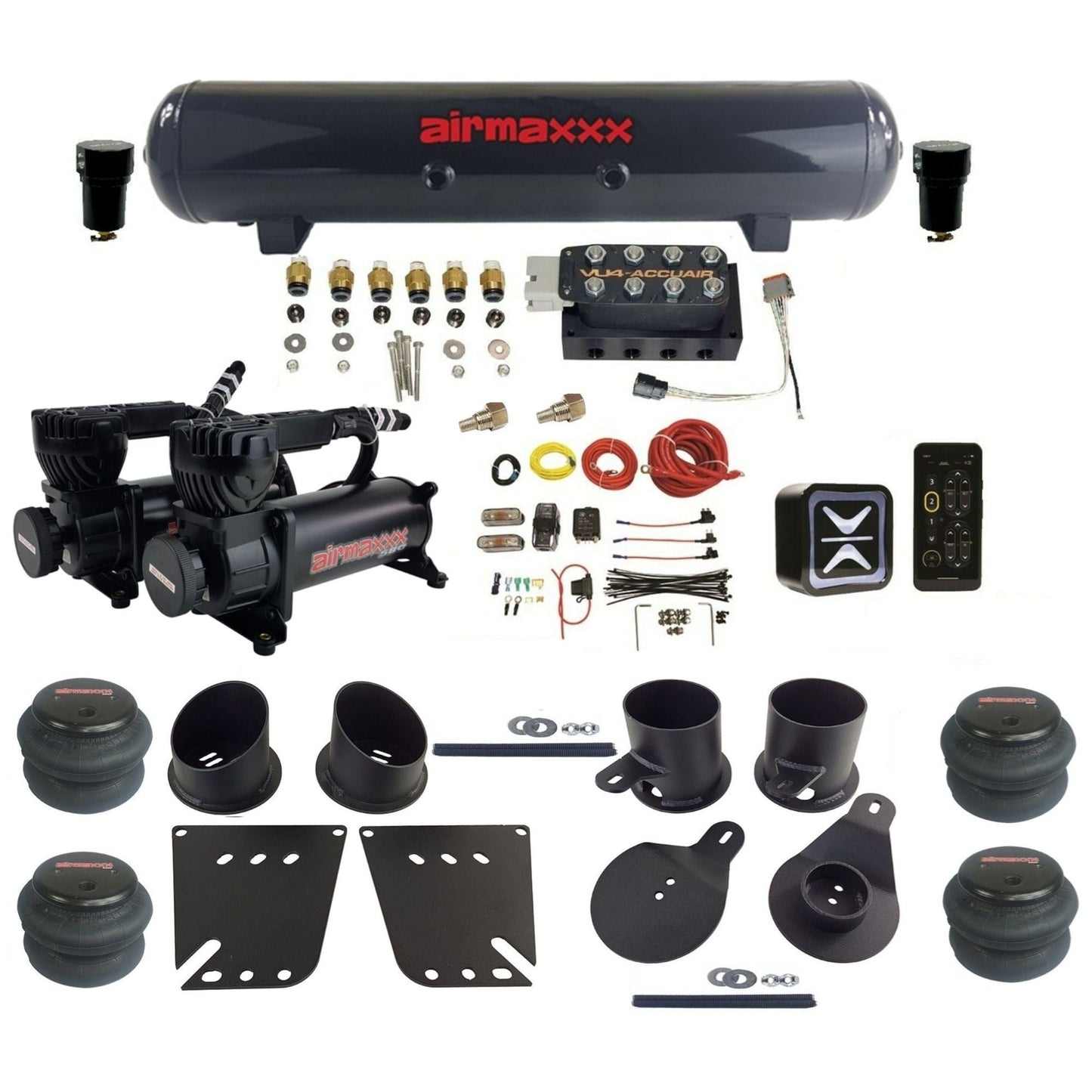 accuair e+ connect vu4 dual 580 black compressors steel tank 2600 bags air ride kit for 1958-1964 chevy impala KIMP58-580B2-57S-VU4E-WK-HF