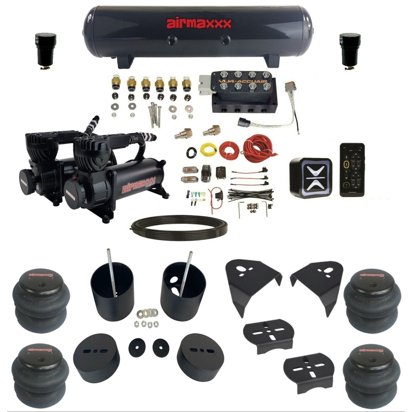 accuair e+ connect vu4 dual 580 black compressors steel tank 2600 bags air ride kit for 1999-2006 silverado 1500 KGM99-580B2-57S-VU4E-WK-HF