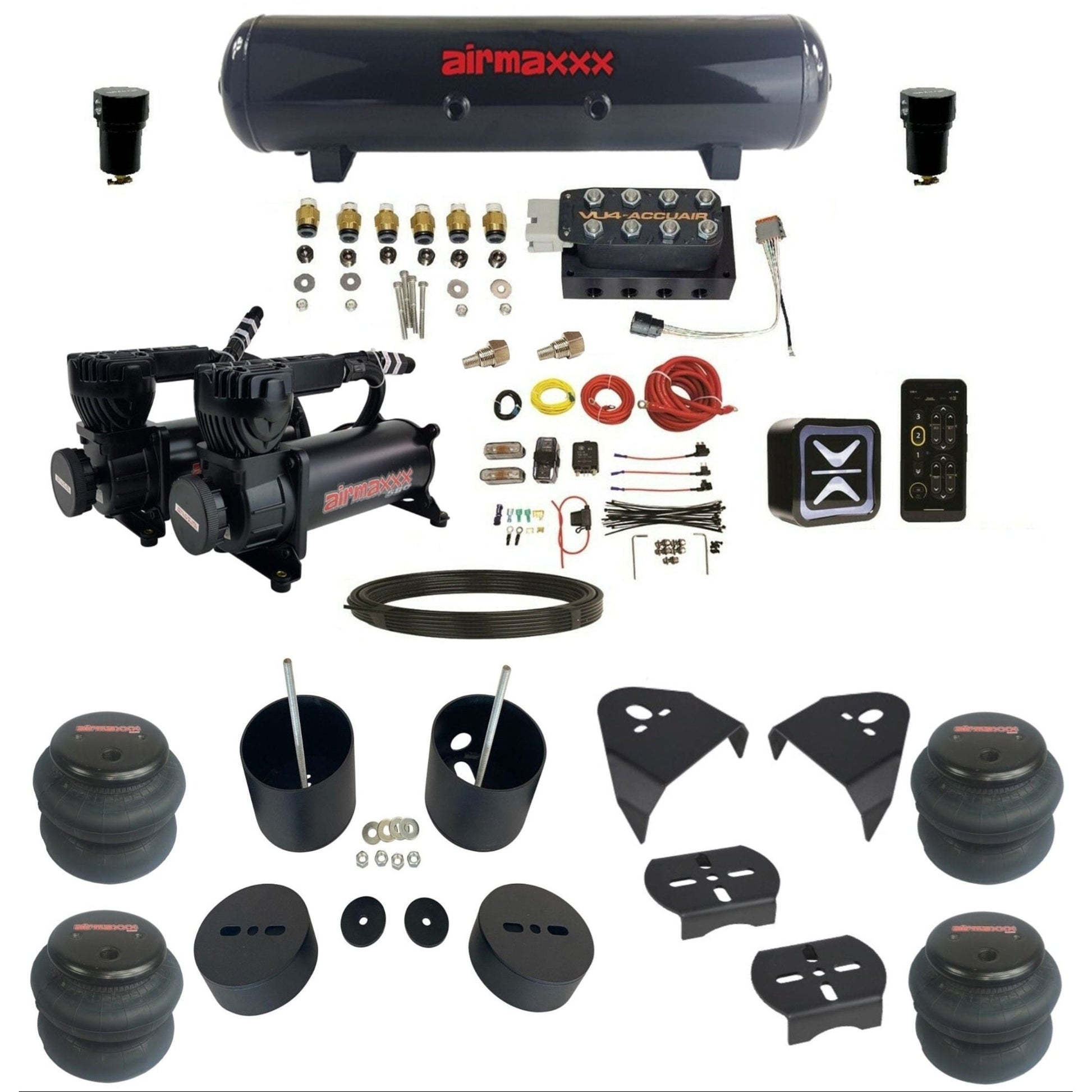 accuair e+ connect vu4 dual 580 black compressors steel tank 2600 bags air ride kit for 1999-2006 silverado 1500 KGM99-580B2-57S-VU4E-WK-HF