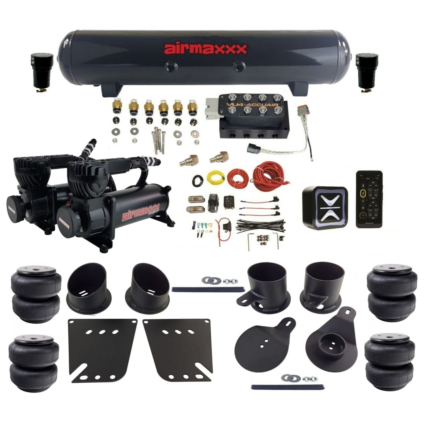 accuair e+ connect vu4 dual 580 black compressors steel tank airlift bags air ride kit for 1958-1964 chevy impala KIMP58-580B2-57S-VU4E-WK-HFD25