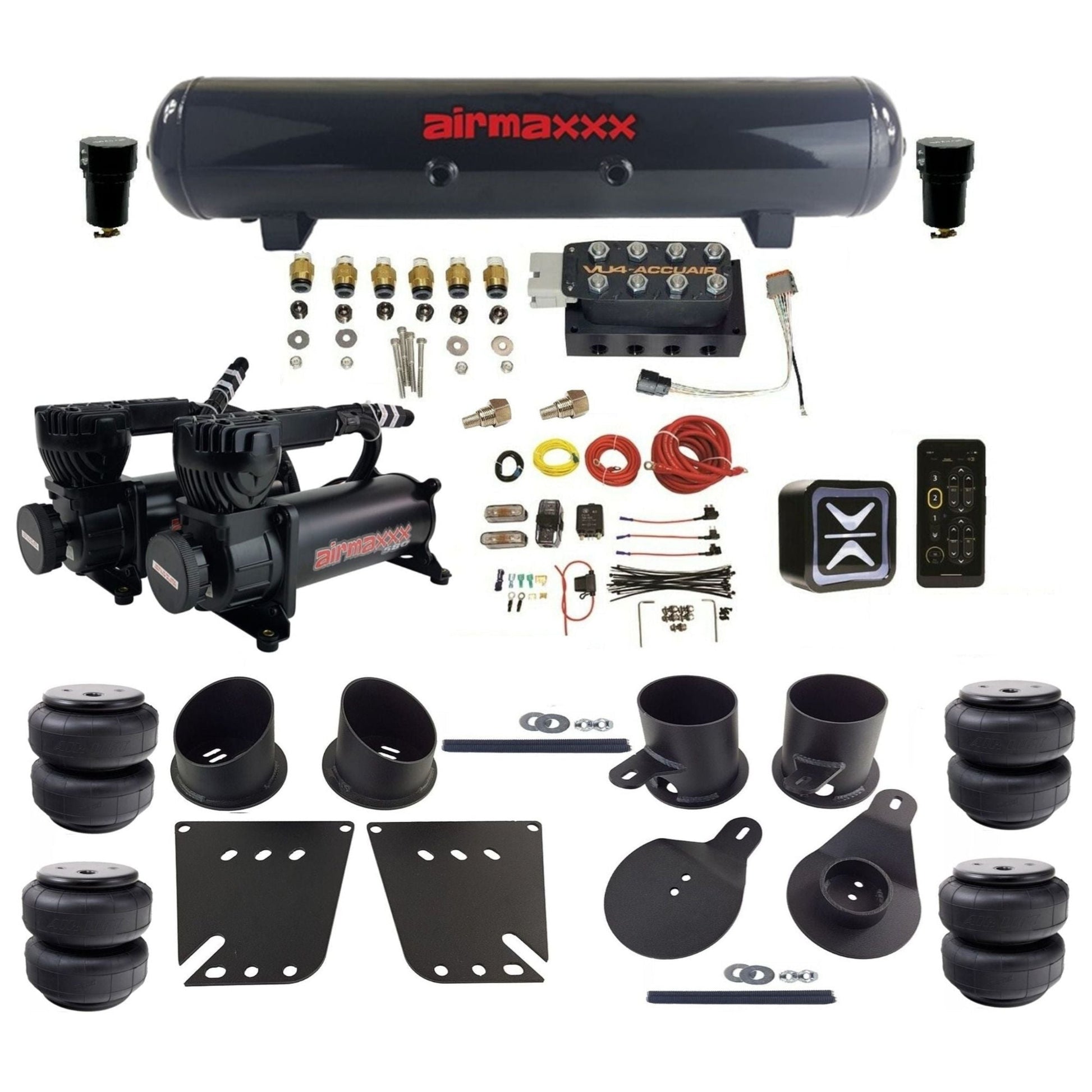 accuair e+ connect vu4 dual 580 black compressors steel tank airlift bags air ride kit for 1958-1964 chevy impala KIMP58-580B2-57S-VU4E-WK-HFD25