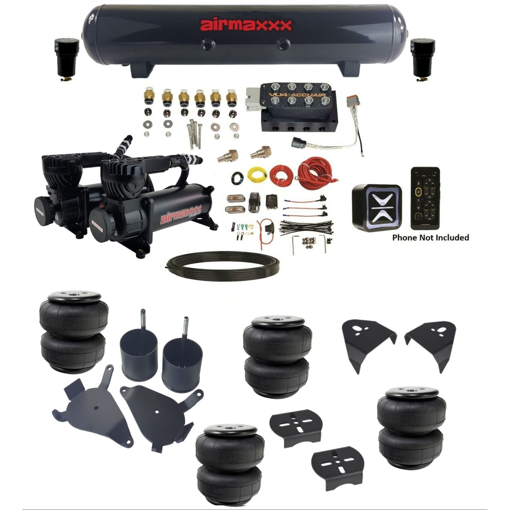accuair e+ connect vu4 dual 580 black compressors steel tank & airlift bags air ride kit for 1982-2005 chevy s10 KS10-580B2-57S-VU4E-WK-HFD25