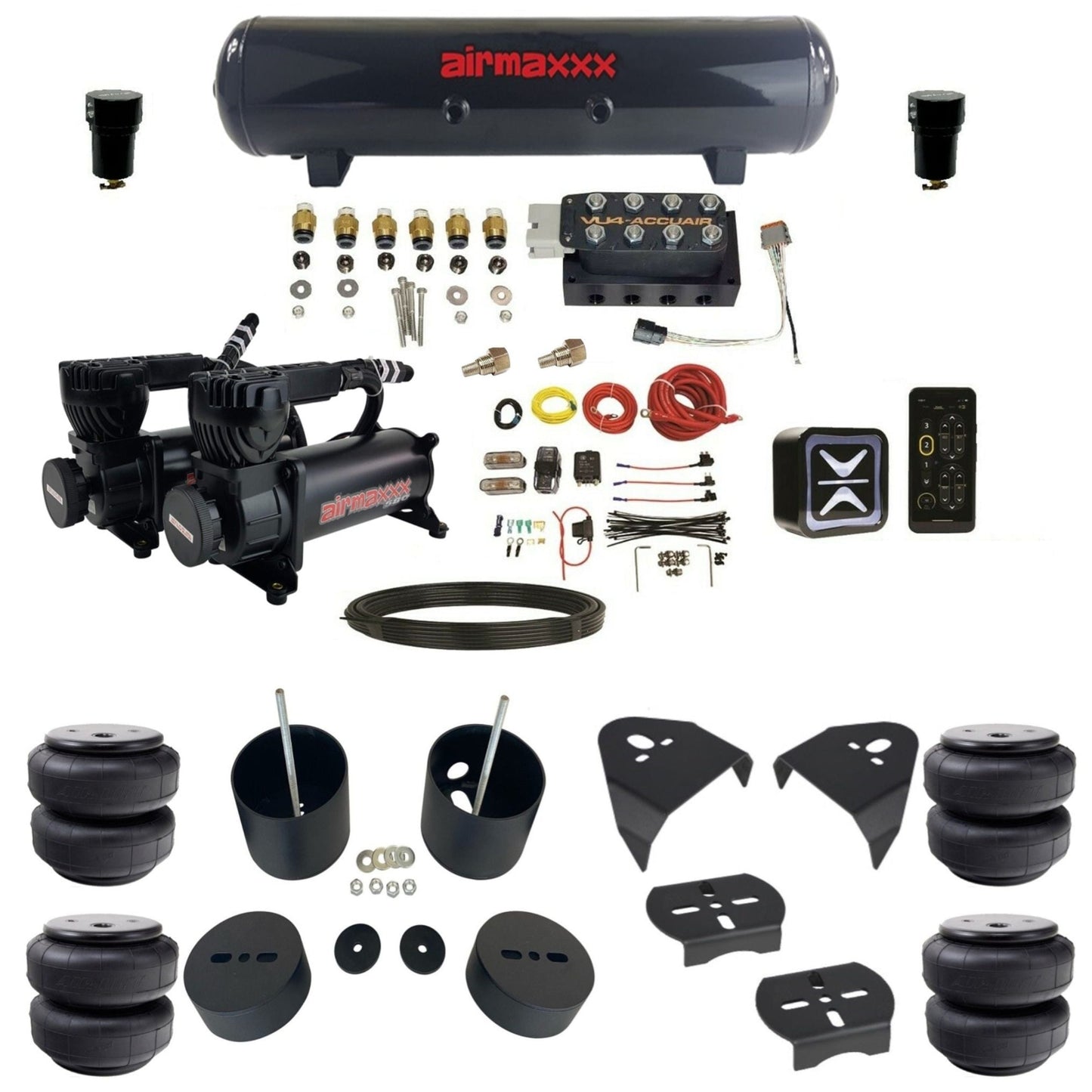 accuair e+ connect vu4 dual 580 black compressors steel tank airlift bags air ride kit for 1999-2006 silverado 1500 KGM99-580B2-57S-VU4E-WK-HFD26