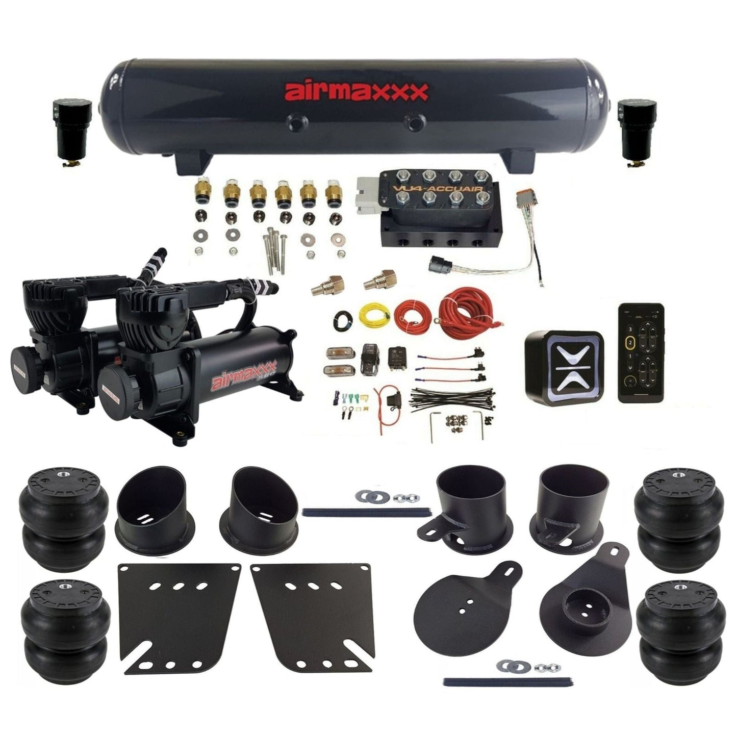 accuair e+ connect vu4 dual 580 black compressors steel tank slam bags air ride kit for 1958-1964 chevy impala KIMP58-580B2-57S-VU4E-WK-HFSS7