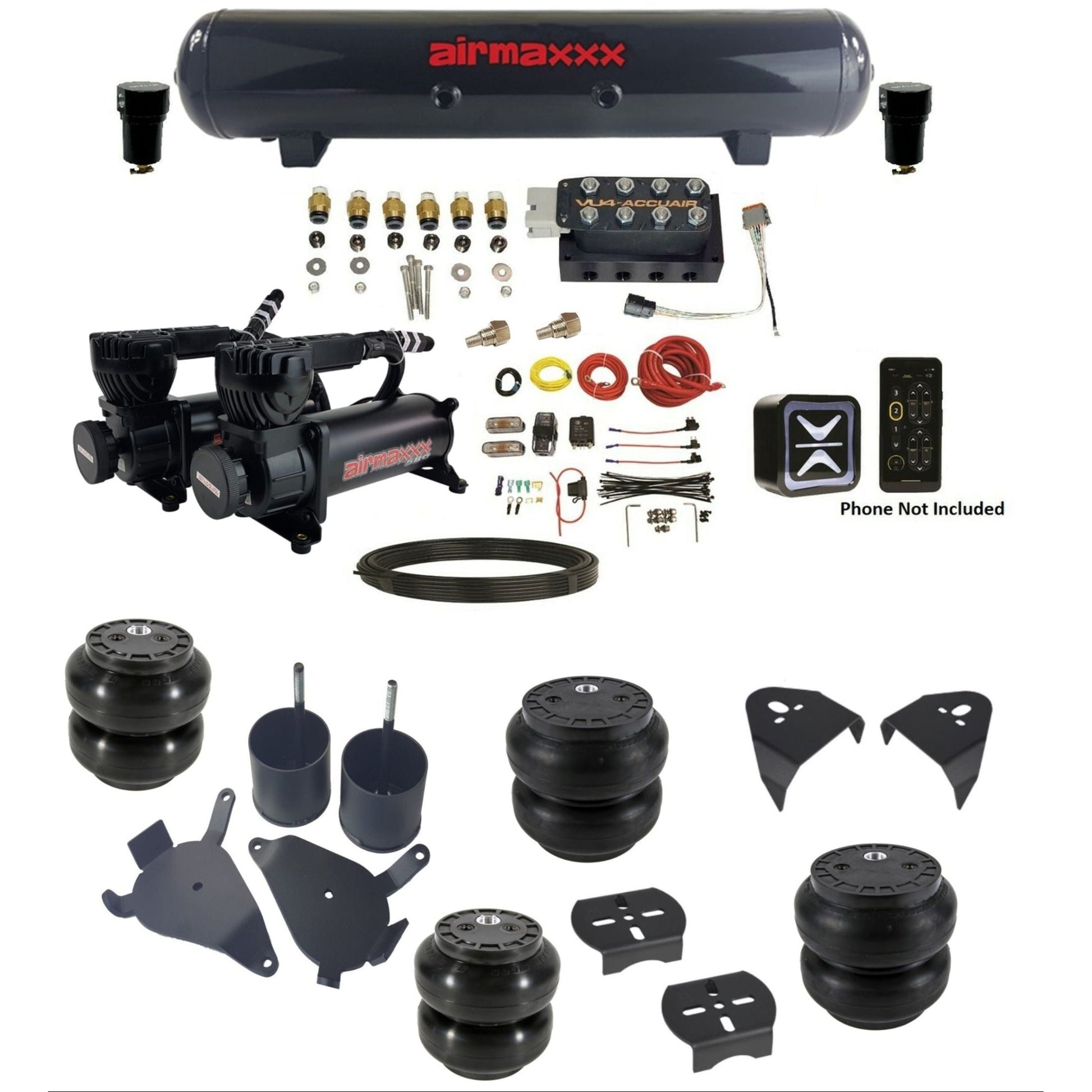 accuair e+ connect vu4 dual 580 black compressors steel tank & slam bags air ride kit for 1982-2005 chevy s10 KS10-580B2-57S-VU4E-WK-HFSS6SS7