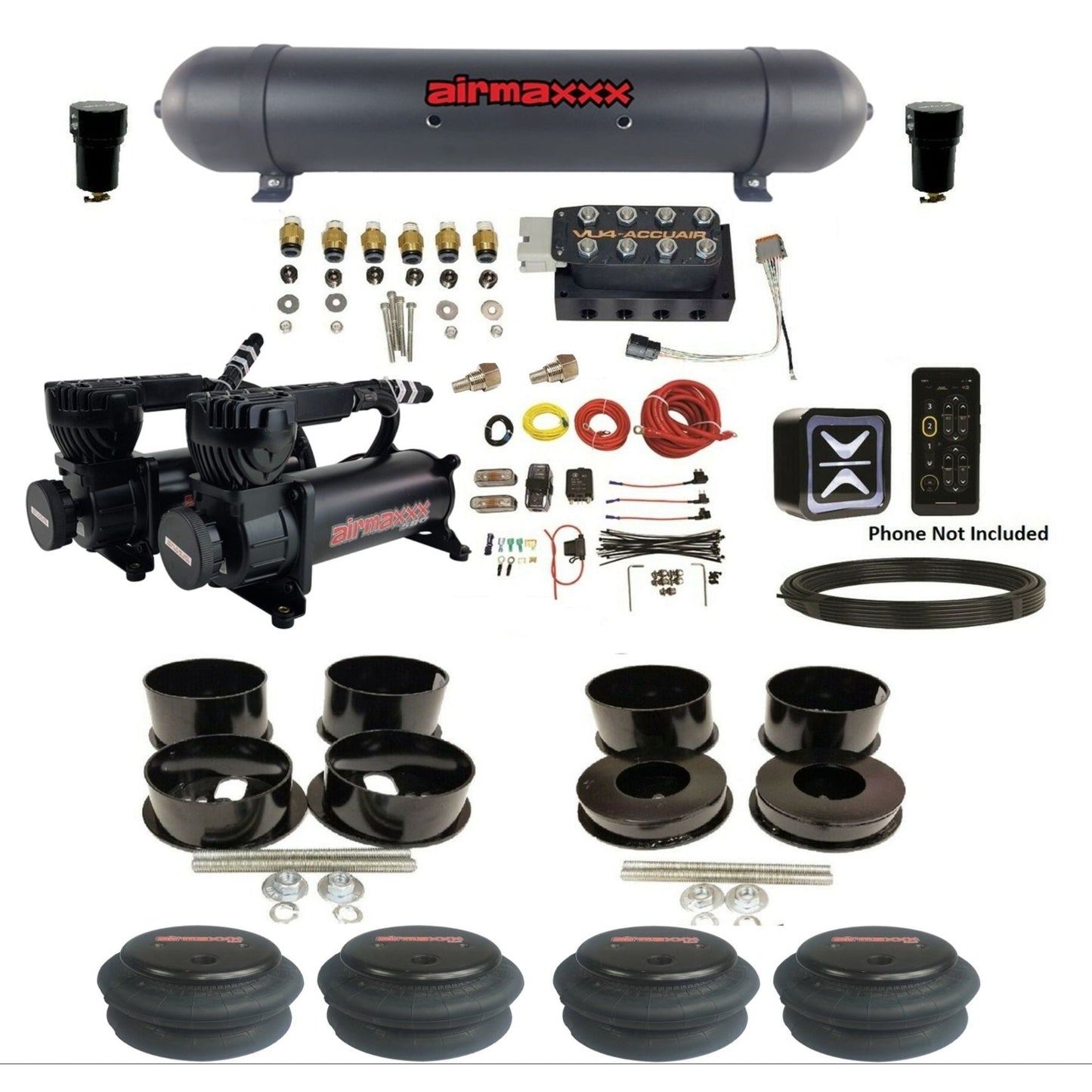 accuair e+ connect vu4 dual black 580 compressors aluminum tank 2600 bags all black air ride kit for 1971-1996 gm b-body KBBDY-580B2-57ABK-VU4E-WK-HF