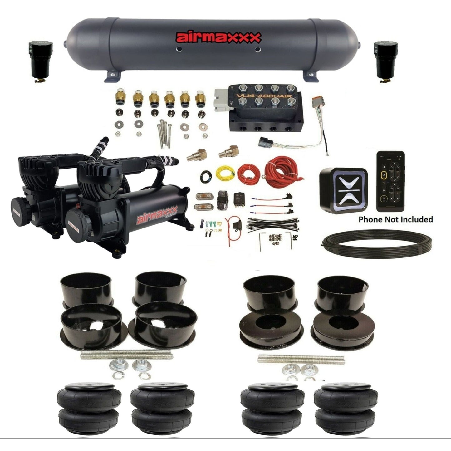 accuair e+ connect vu4 dual black 580 compressors aluminum tank airlift bags all black air ride kit for 1971-1996 gm b-body KBBDY-580B2-57ABK-VU4E-WK-HFD25