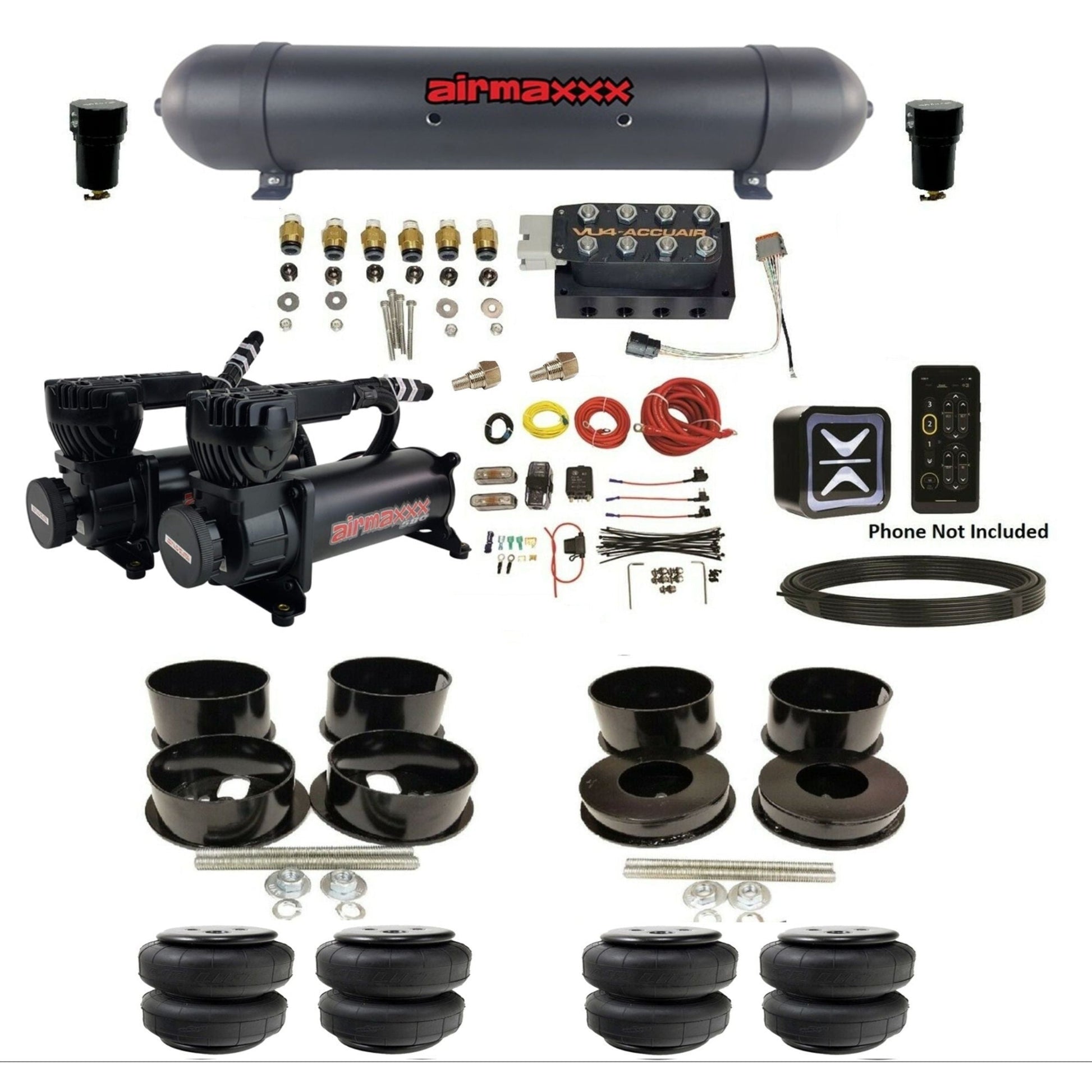 accuair e+ connect vu4 dual black 580 compressors aluminum tank airlift bags all black air ride kit for 1971-1996 gm b-body KBBDY-580B2-57ABK-VU4E-WK-HFD25