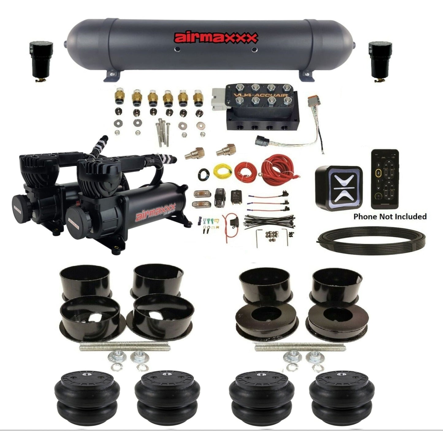 accuair e+ connect vu4 dual black 580 compressors aluminum tank slam bags all black air ride kit for 1971-1996 gm b-body KBBDY-580B2-57ABK-VU4E-WK-HFSS7