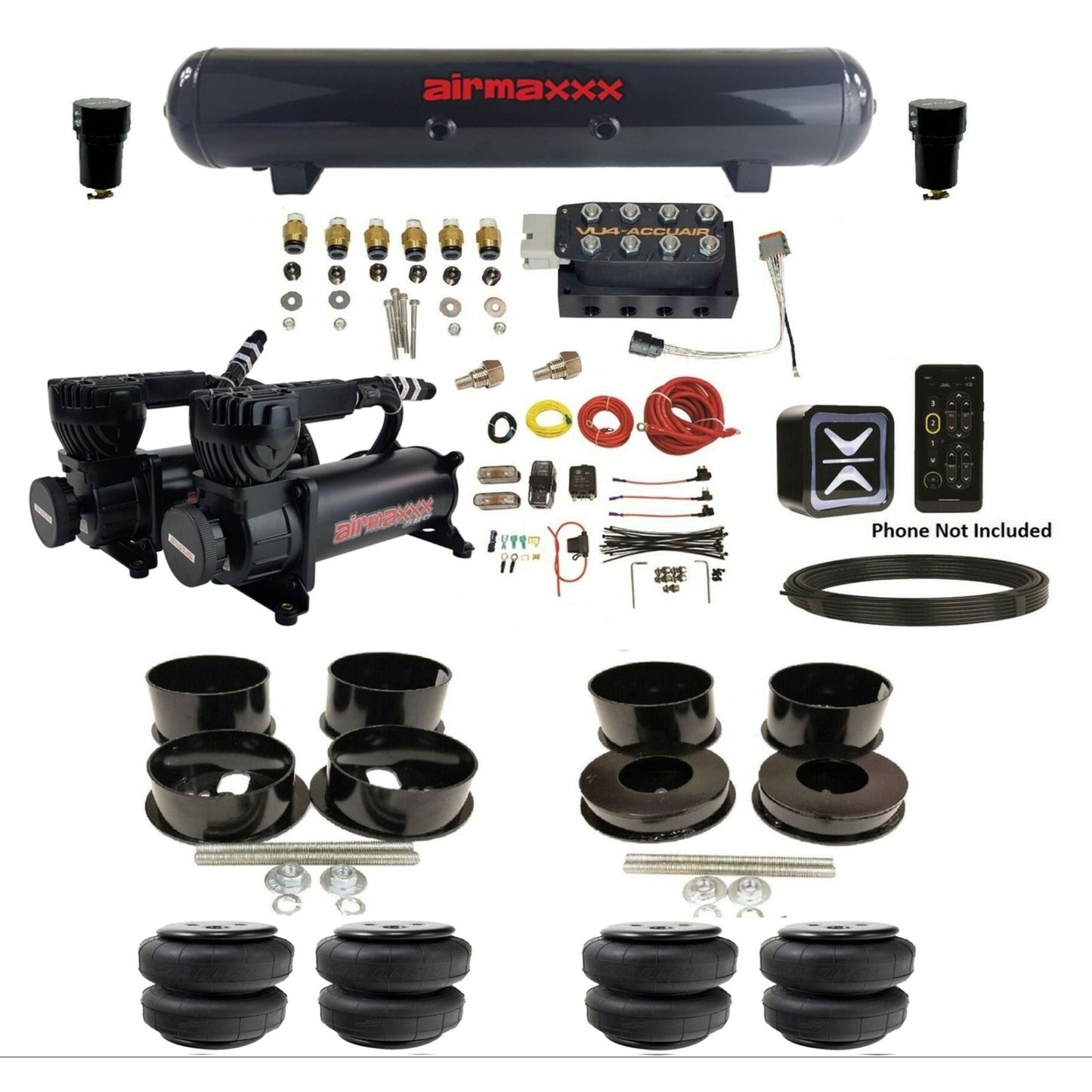 accuair e+ connect vu4 dual black 580 compressors steel tank airlift bags all black air ride kit for 1971-1996 gm b-body KBBDY-580B2-57S-VU4E-WK-HFD25