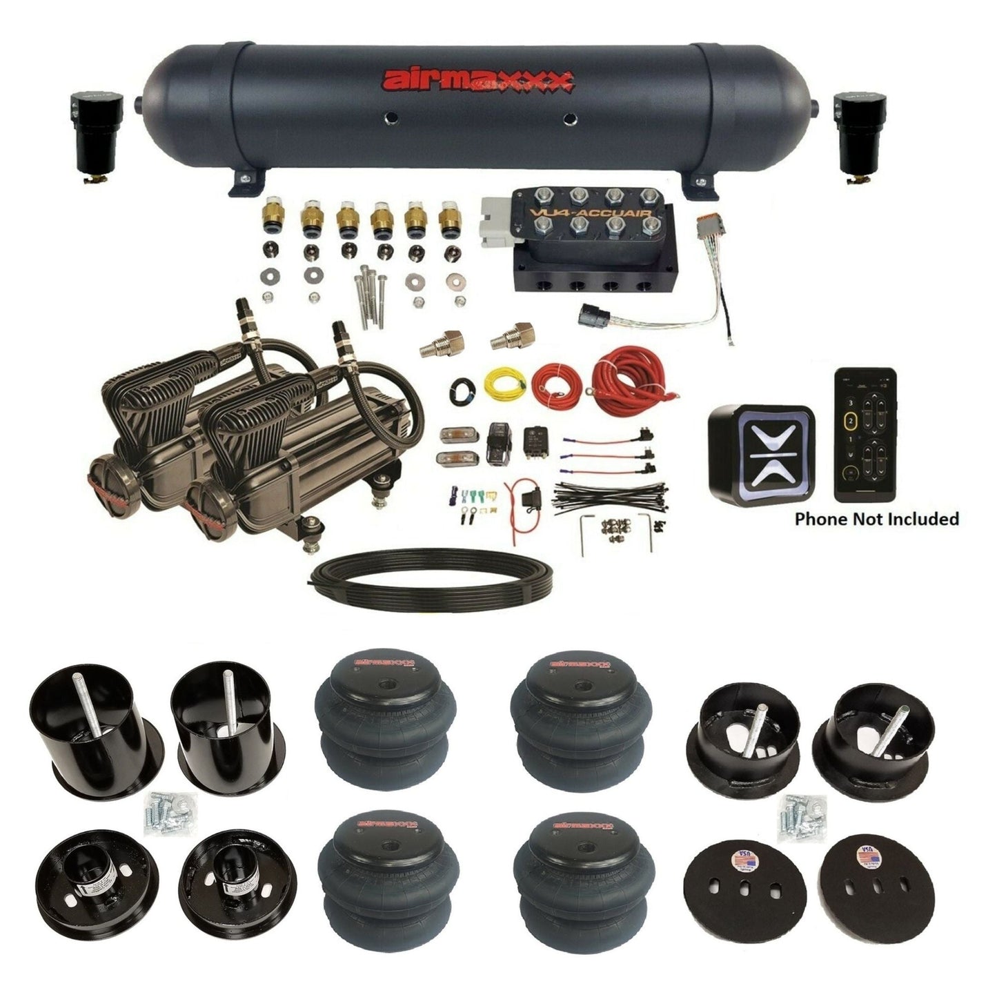 accuair e+ connect vu4 dual x-series compressors 2600 bags aluminum tank air ride kit all black for 1963-1964 cadillac KCAD63-XB2-57ABK-VU4E-WK-HF