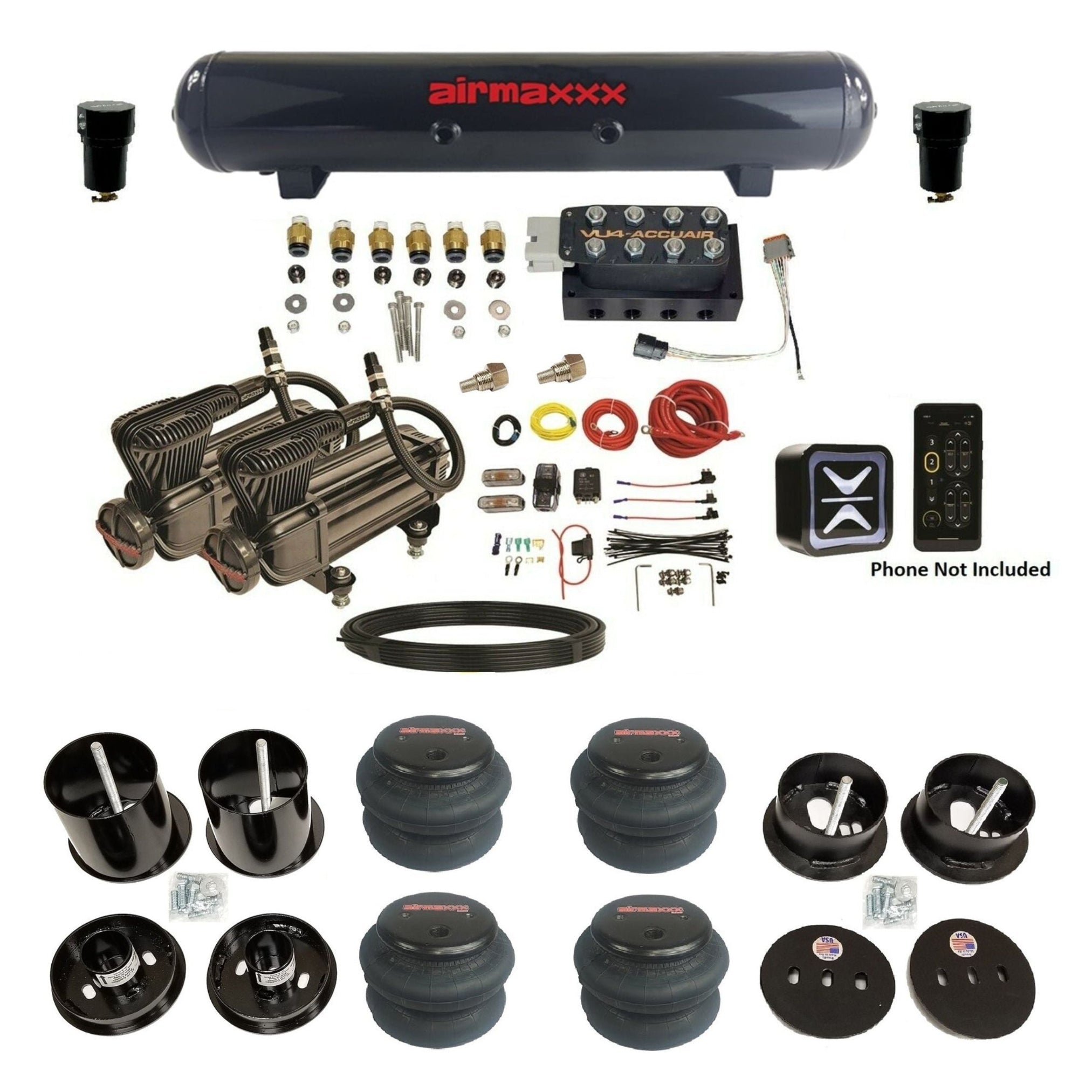 50カムリ IDEAL エアサス 4本セット Accuair E+ Connect & VU4 w/Black Air Ride Kit Fits 1963–64