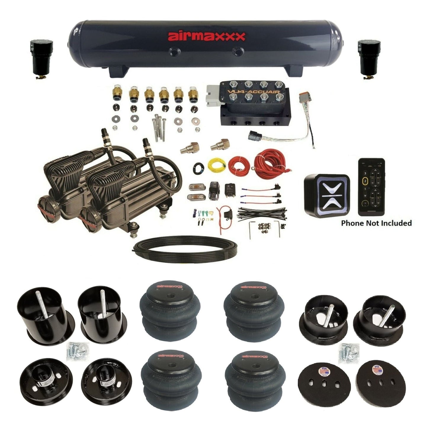 accuair e+ connect vu4 dual x-series compressors 2600 bags steel tank air ride kit all black for 1963-1964 cadillac KCAD63-XB2-57S-VU4E-WK-HF