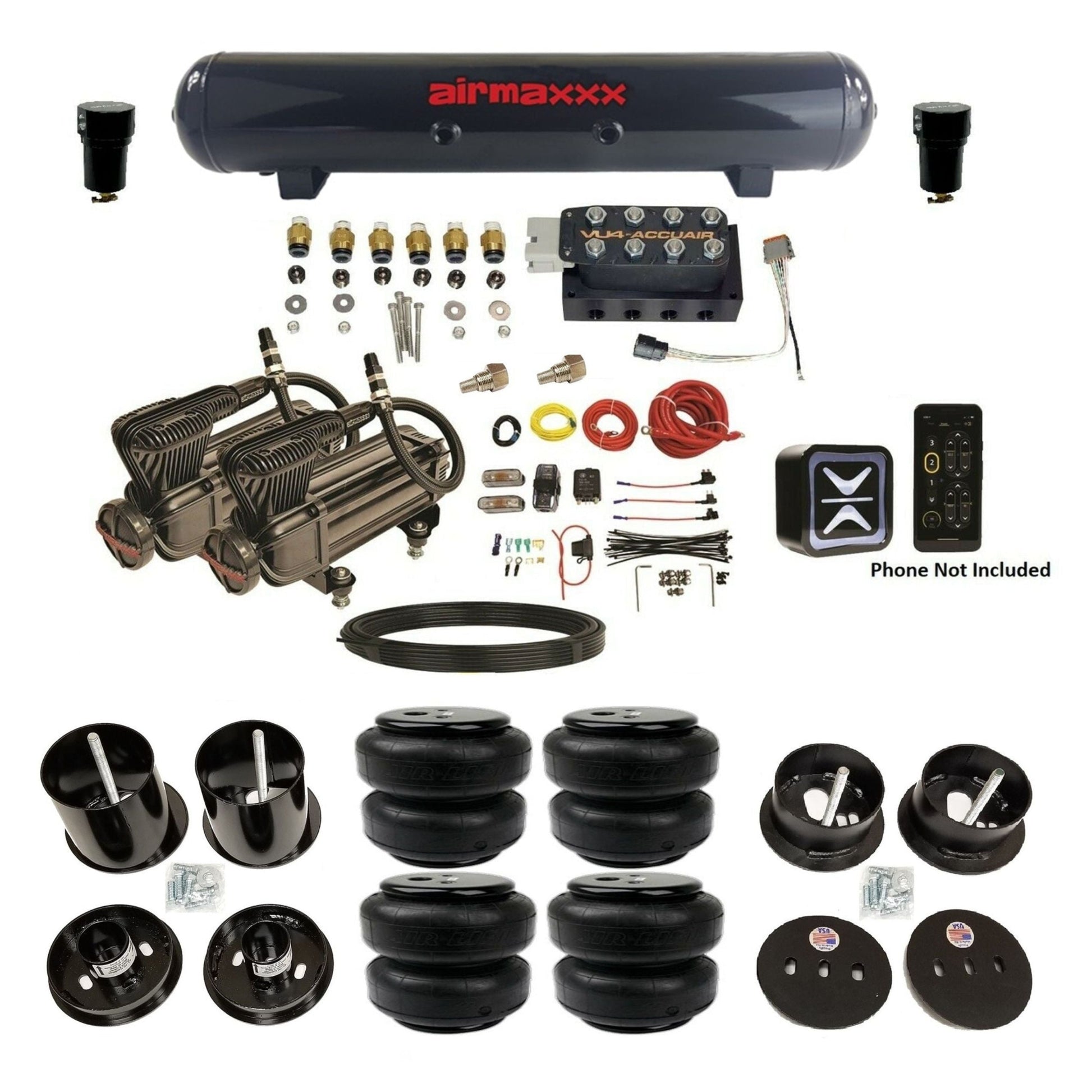 accuair e+ connect vu4 dual x-series compressors airlift bags steel tank air ride kit all black for 1963-1964 cadillac KCAD63-XB2-57S-VU4E-WK-HFD25