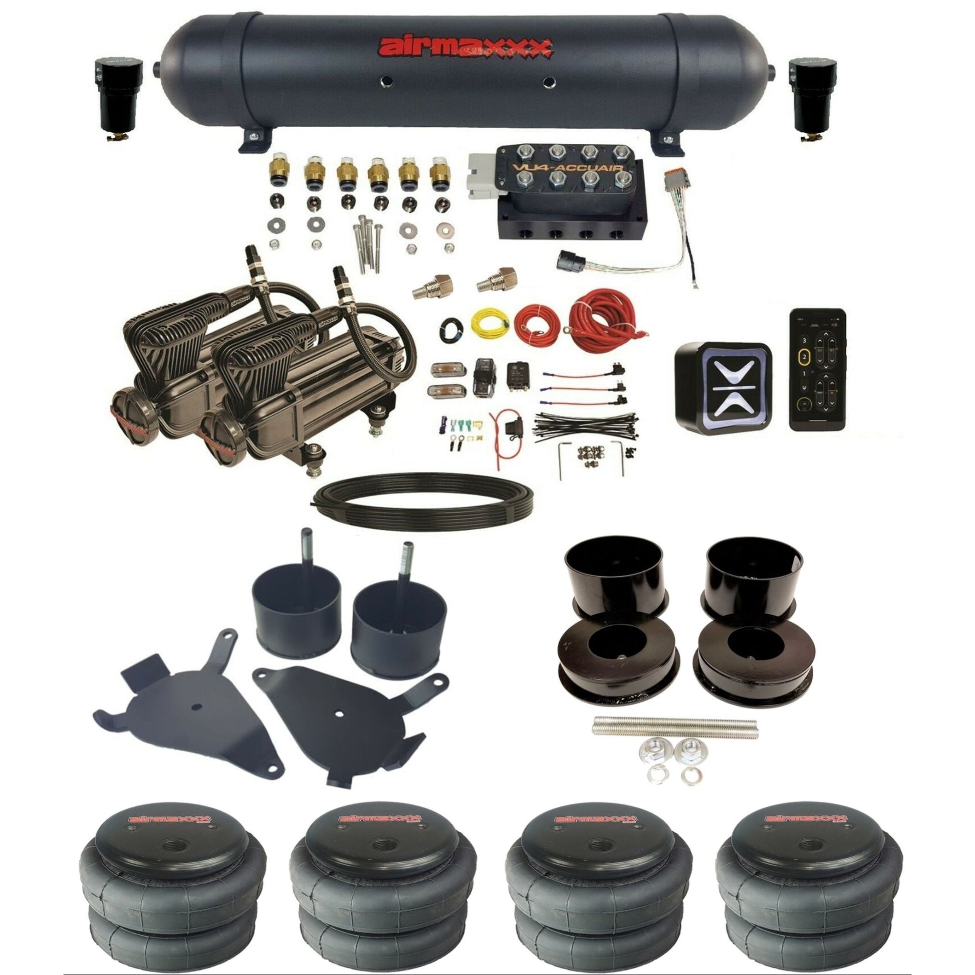 accuair e+ connect vu4 dual x-series compressors aluminum tank 2500 bags air ride kit for 1978-1988 gm g-body KGBDY-X2B-57ABK-VU4E-WK-HF
