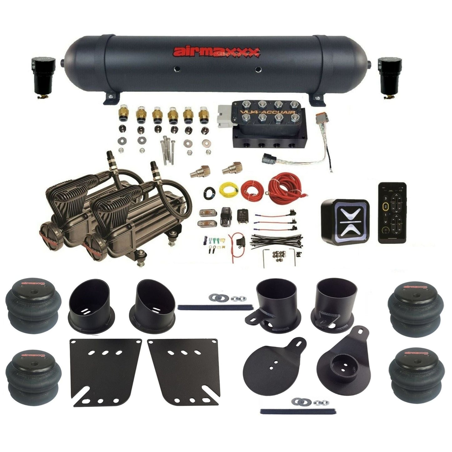 accuair e+ connect vu4 dual x-series compressors aluminum tank 2600 bags air ride kit for 1958-1964 chevy impala KIMP58-X2B-57ABK-VU4E-WK-HF