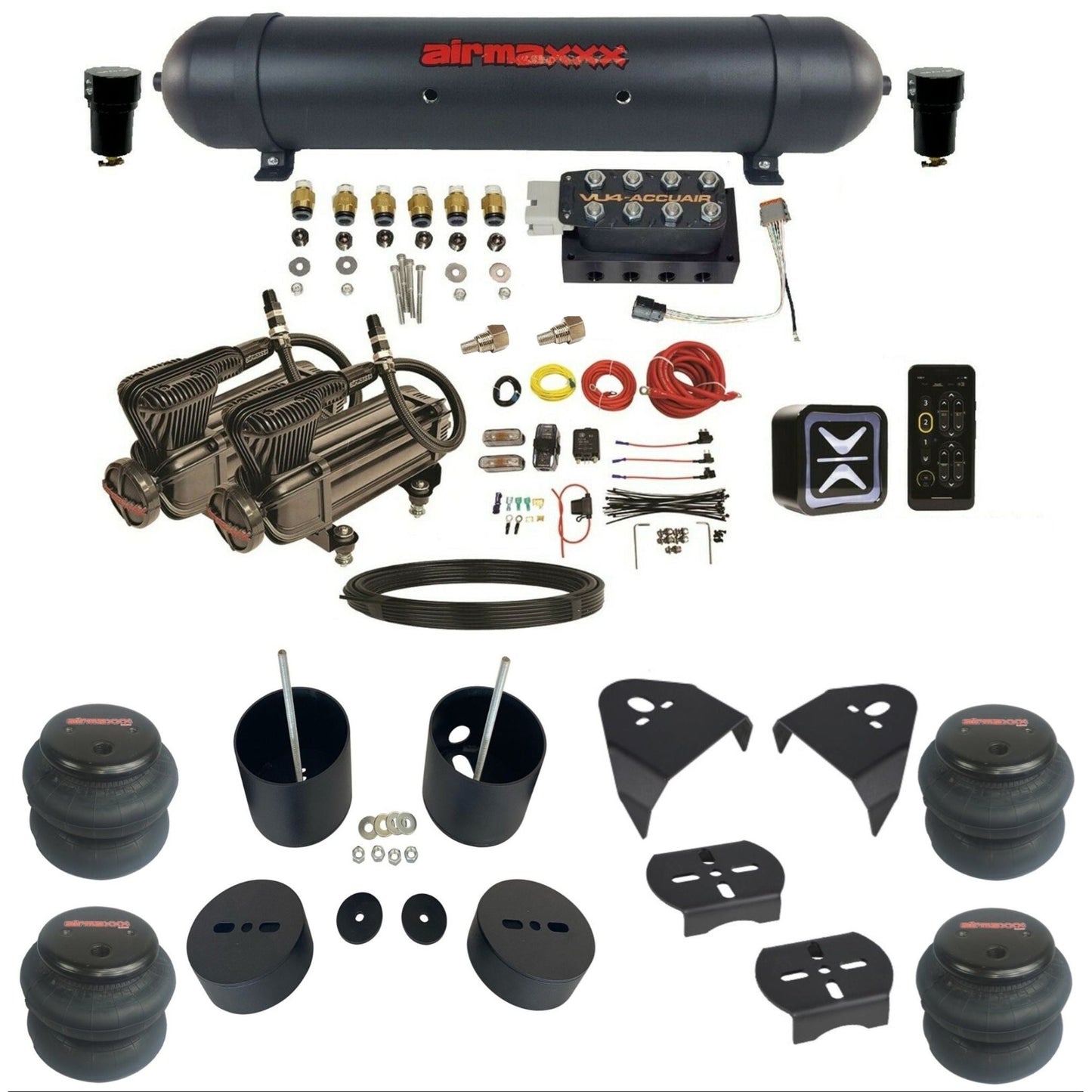 accuair e+ connect vu4 dual x-series compressors aluminum tank 2600 bags air ride kit for 1999-2006 silverado 1500 KGM99-X2B-57ABK-VU4E-WK-HF