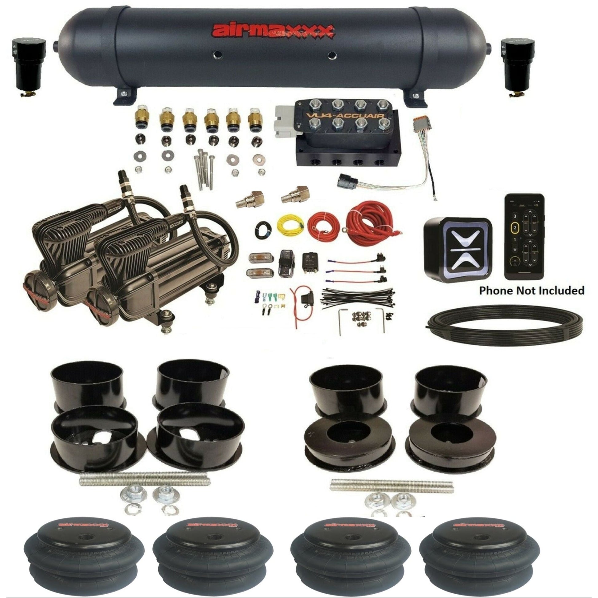 accuair e+ connect vu4 dual x-series compressors aluminum tank 2600 bags all black air ride kit for 1971-1996 gm b-body KBBDY-X2B-57ABK-VU4E-WK-HF