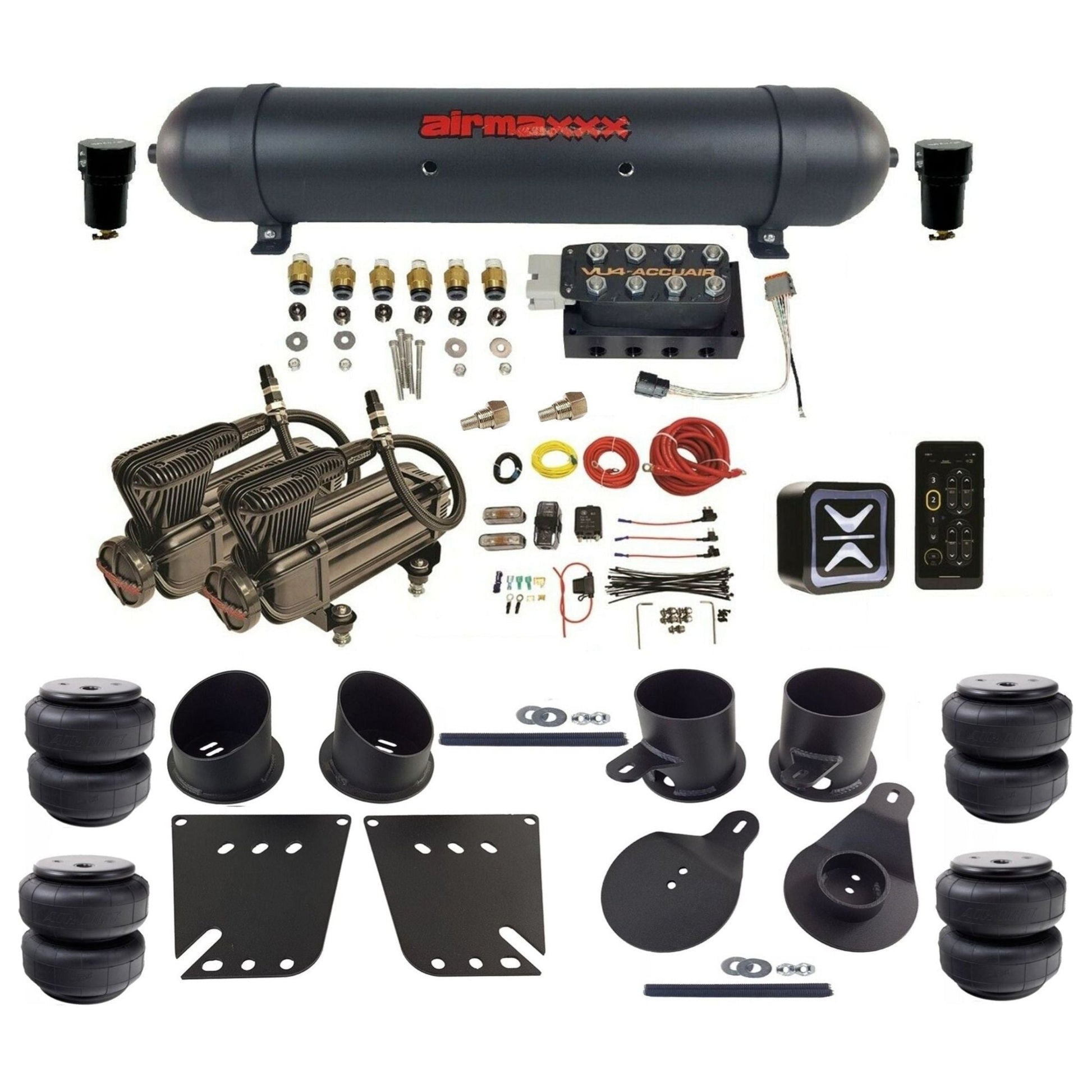 accuair e+ connect vu4 dual x-series compressors aluminum tank airlift bags air ride kit for 1958-1964 chevy impala KIMP58-X2B-57ABK-VU4E-WK-HFD25