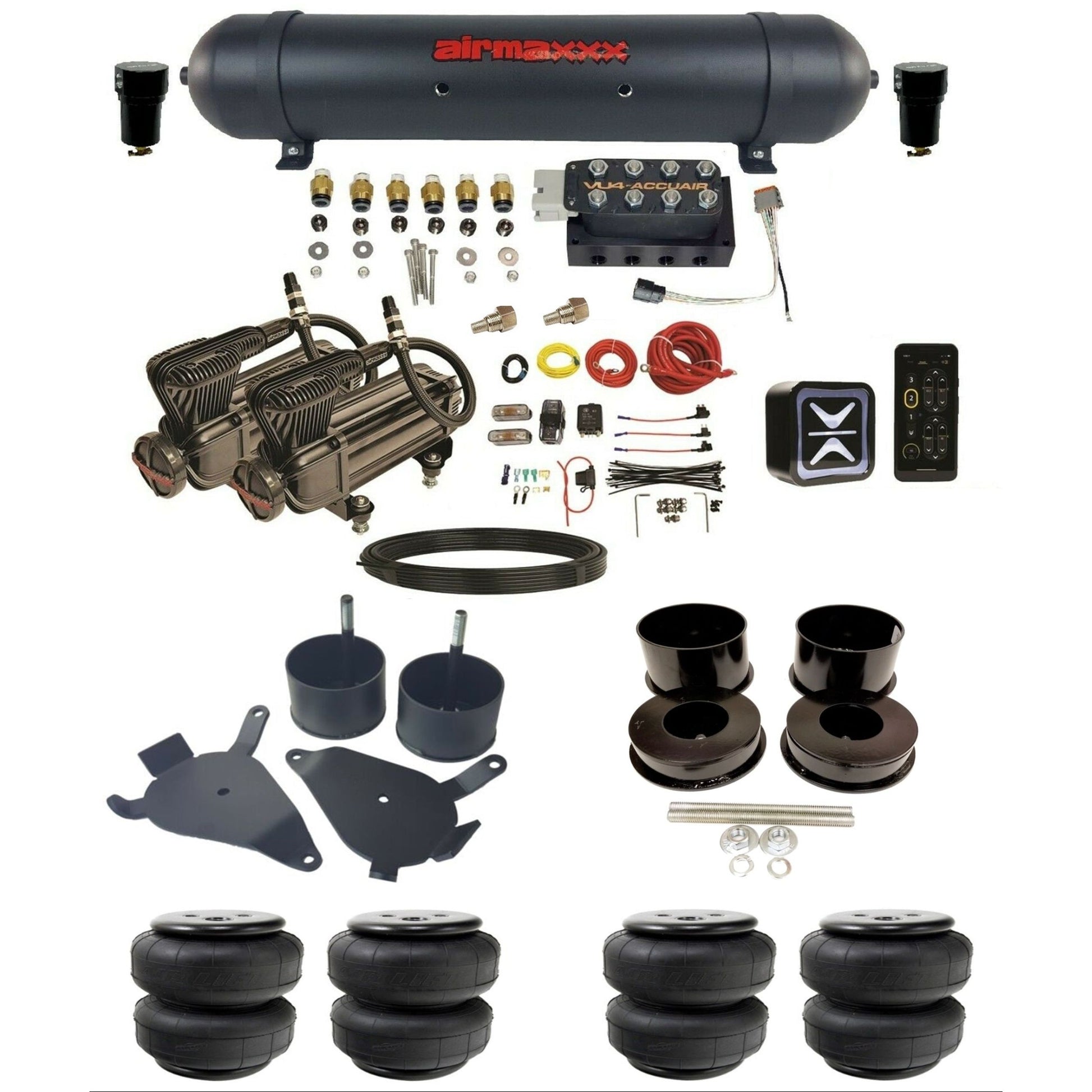 accuair e+ connect vu4 dual x-series compressors aluminum tank airlift bags air ride kit for 1978-1988 gm g-body KGBDY-X2B-57ABK-VU4E-WK-HFD25