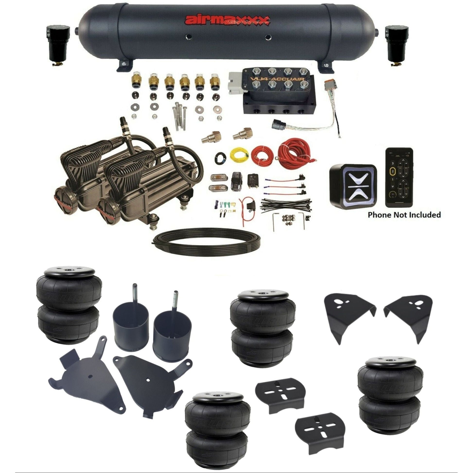 accuair e+ connect vu4 dual x-series compressors aluminum tank & airlift bags air ride kit for 1982-2005 chevy s10 KS10-X2B-57ABK-VU4E-WK-HFD25