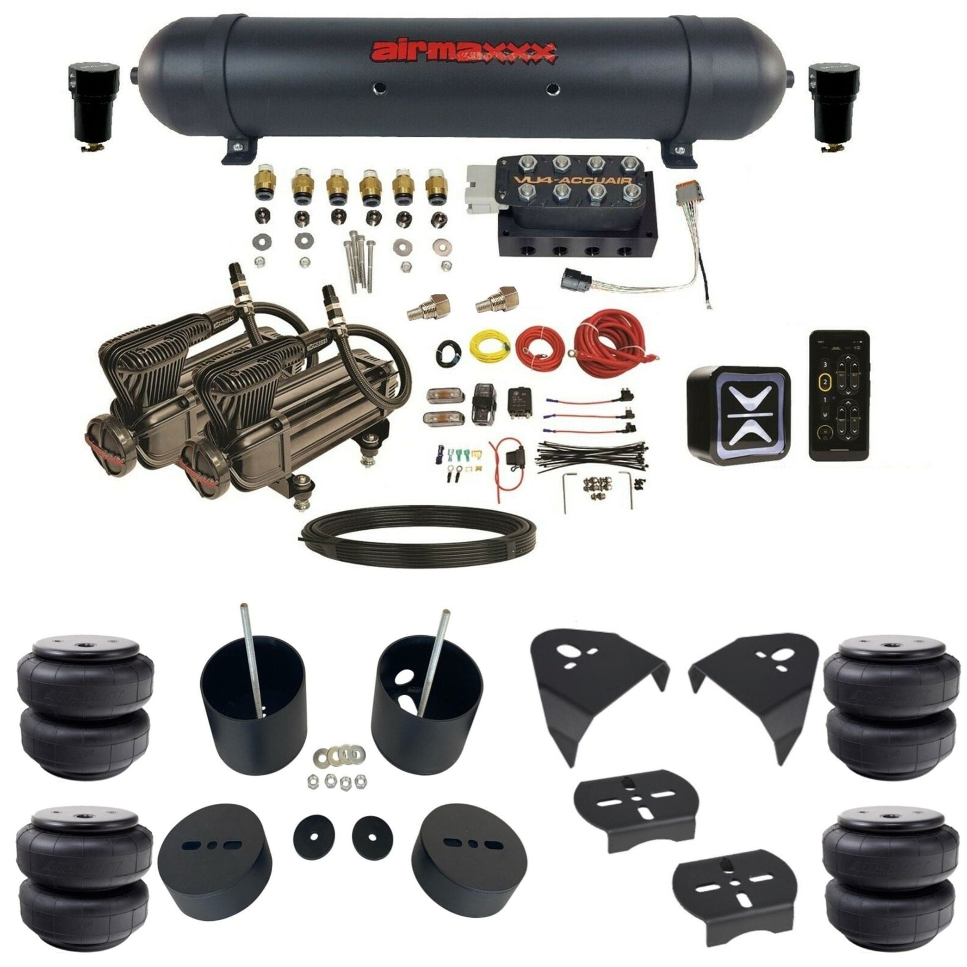 accuair e+ connect vu4 dual x-series compressors aluminum tank airlift bags air ride kit for 1999-2006 silverado 1500 KGM99-X2B-57ABK-VU4E-WK-HFD26 