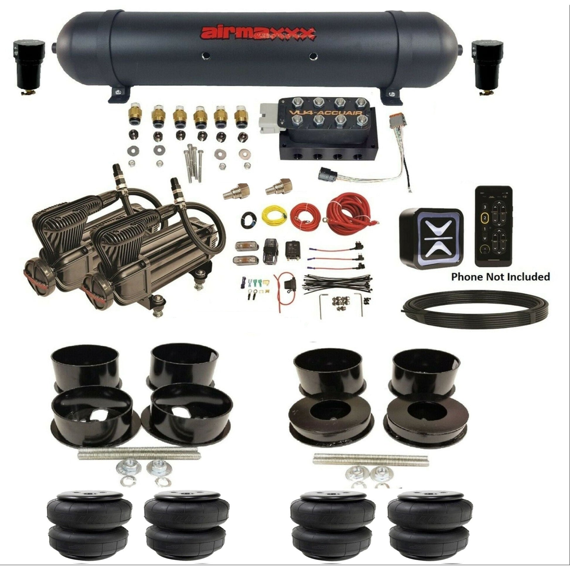 accuair e+ connect vu4 dual x-series compressors aluminum tank airlift bags all black air ride kit for 1971-1996 gm b-body KBBDY-X2B-57ABK-VU4E-WK-HFD25