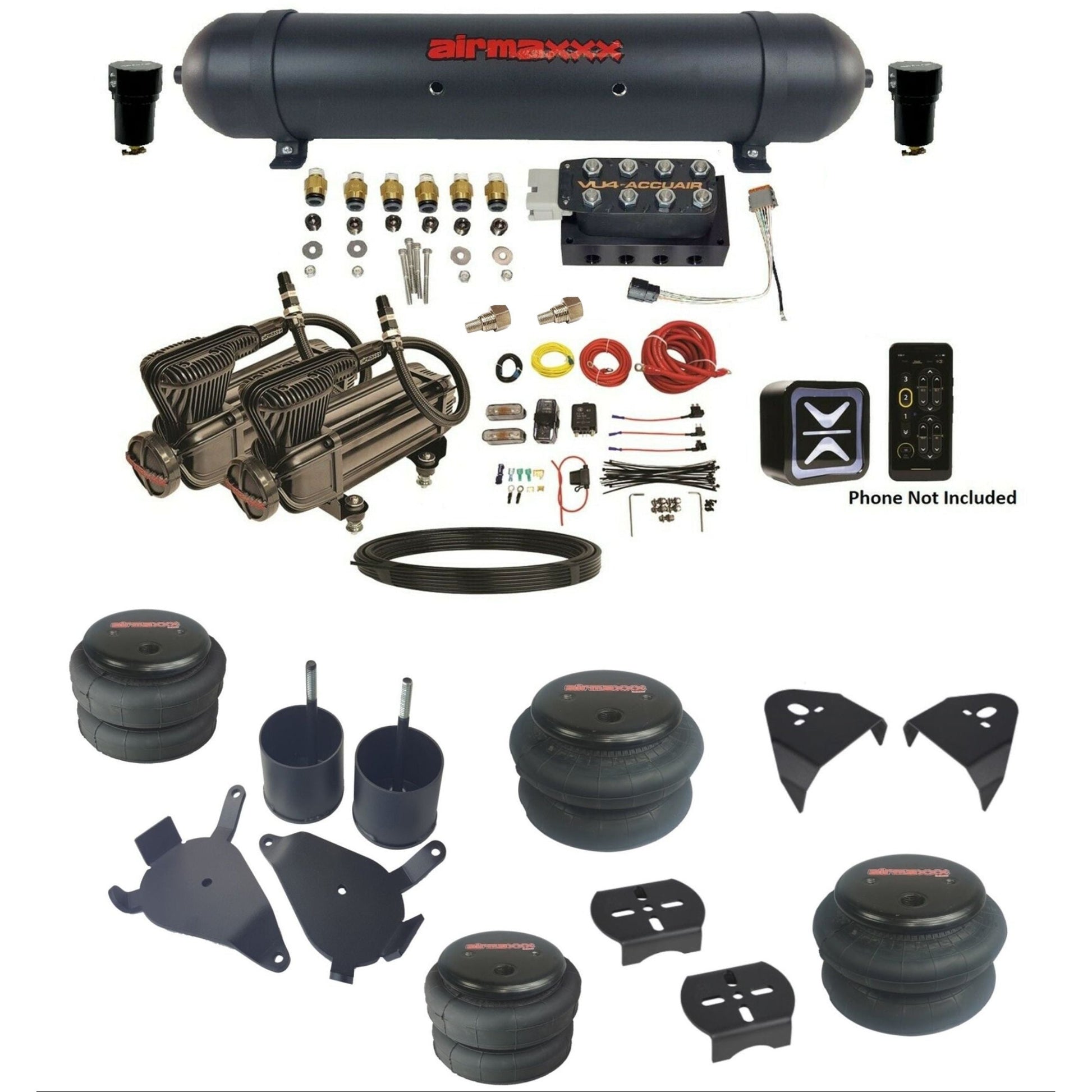 accuair e+ connect vu4 dual x-series compressors aluminum tank & bags air ride kit for 1982-2005 chevy s10 KS10-X2B-57ABK-VU4E-WK-HF