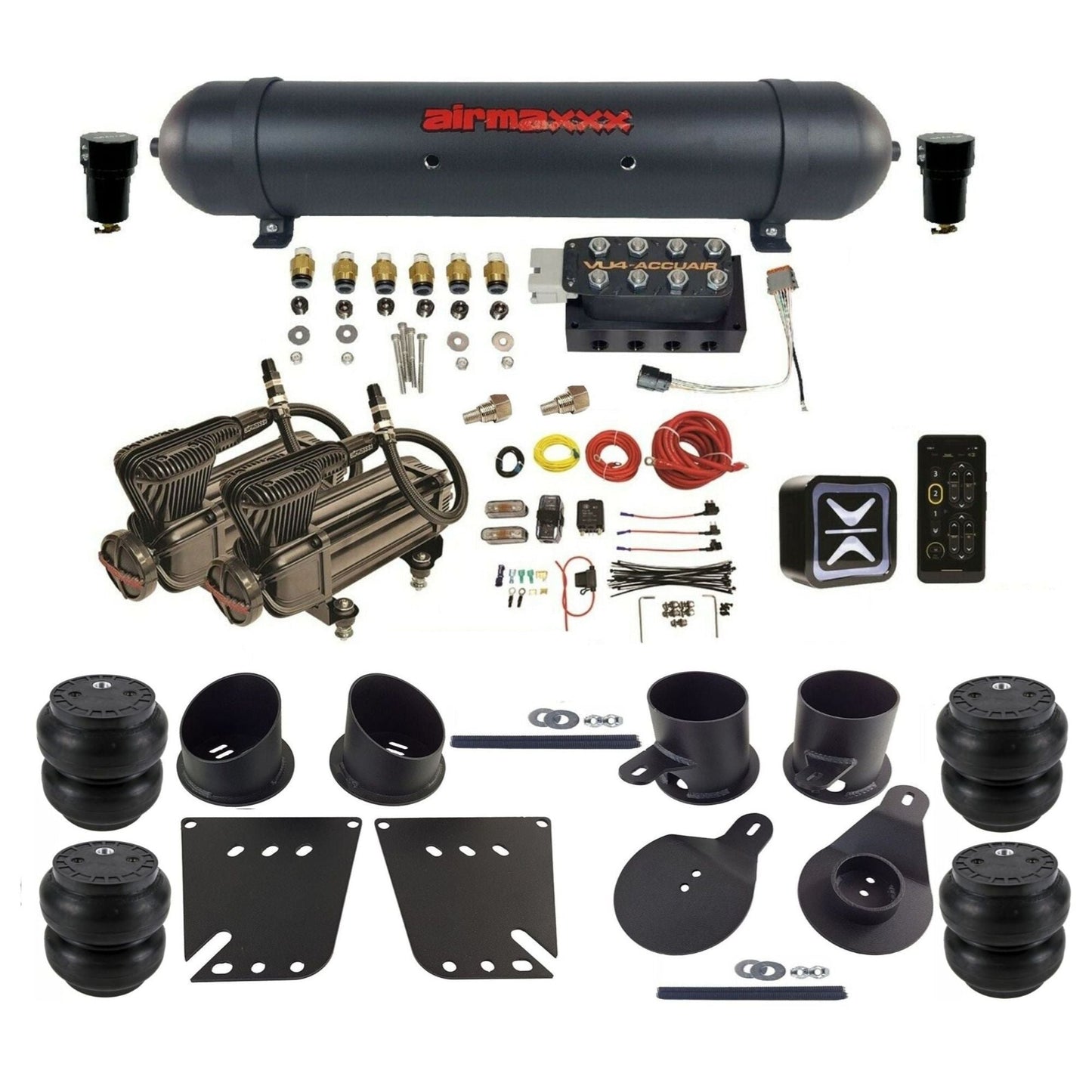 accuair e+ connect vu4 dual x-series compressors aluminum tank slam bags air ride kit for 1958-1964 chevy impala KIMP58-X2B-57ABK-VU4E-WK-HFSS7