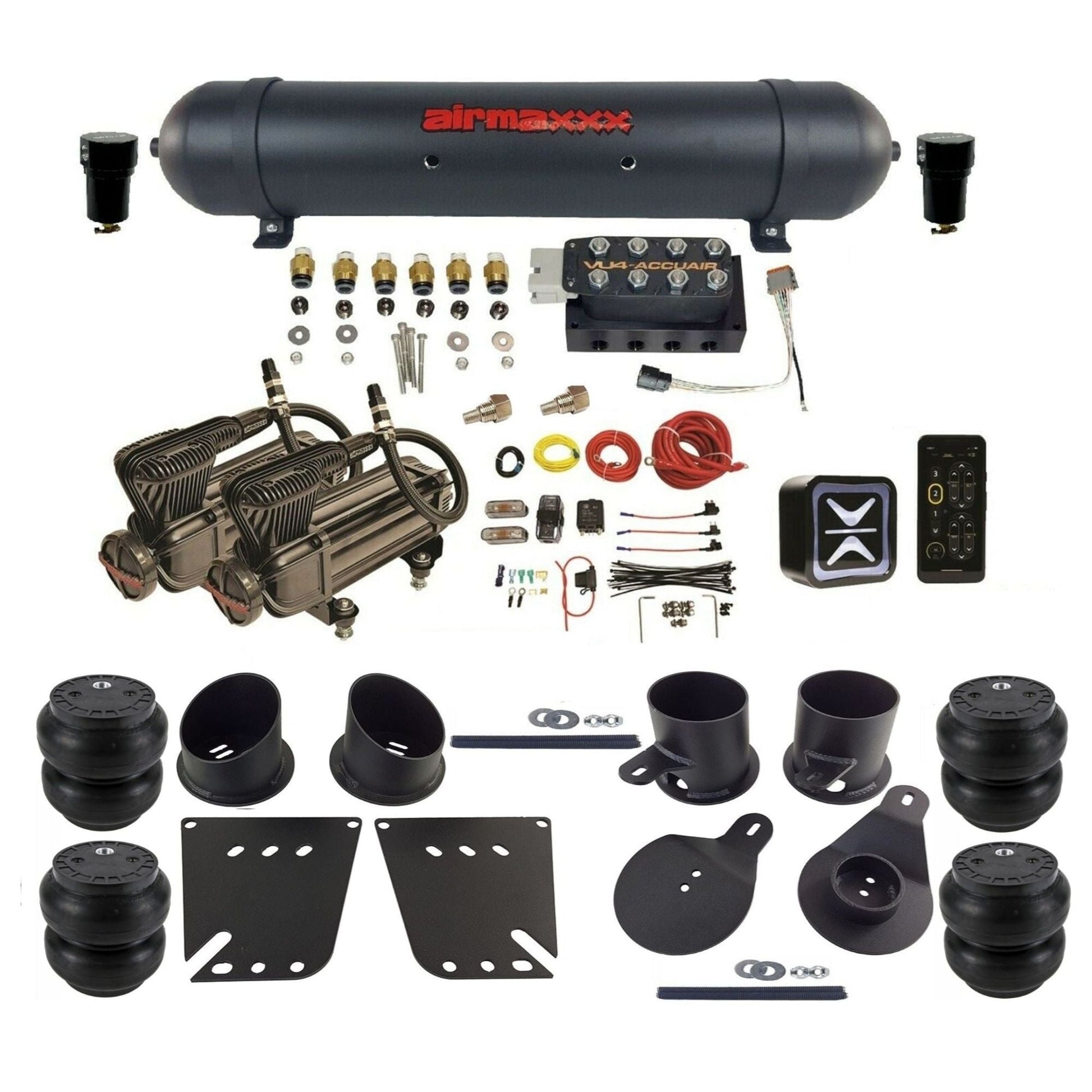 accuair e+ connect vu4 dual x-series compressors aluminum tank slam bags air ride kit for 1958-1964 chevy impala KIMP58-X2B-57ABK-VU4E-WK-HFSS7