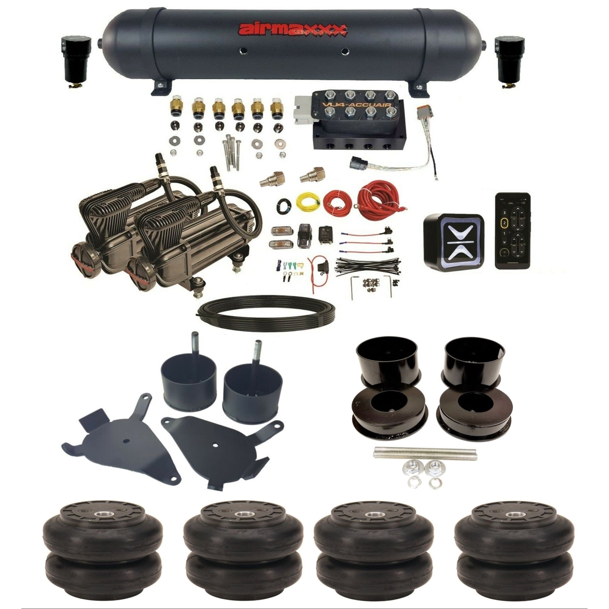 accuair e+ connect vu4 dual x-series compressors aluminum tank slam bags air ride kit for 1978-1988 gm g-body KGBDY-X2B-57ABK-VU4E-WK-HFSS6