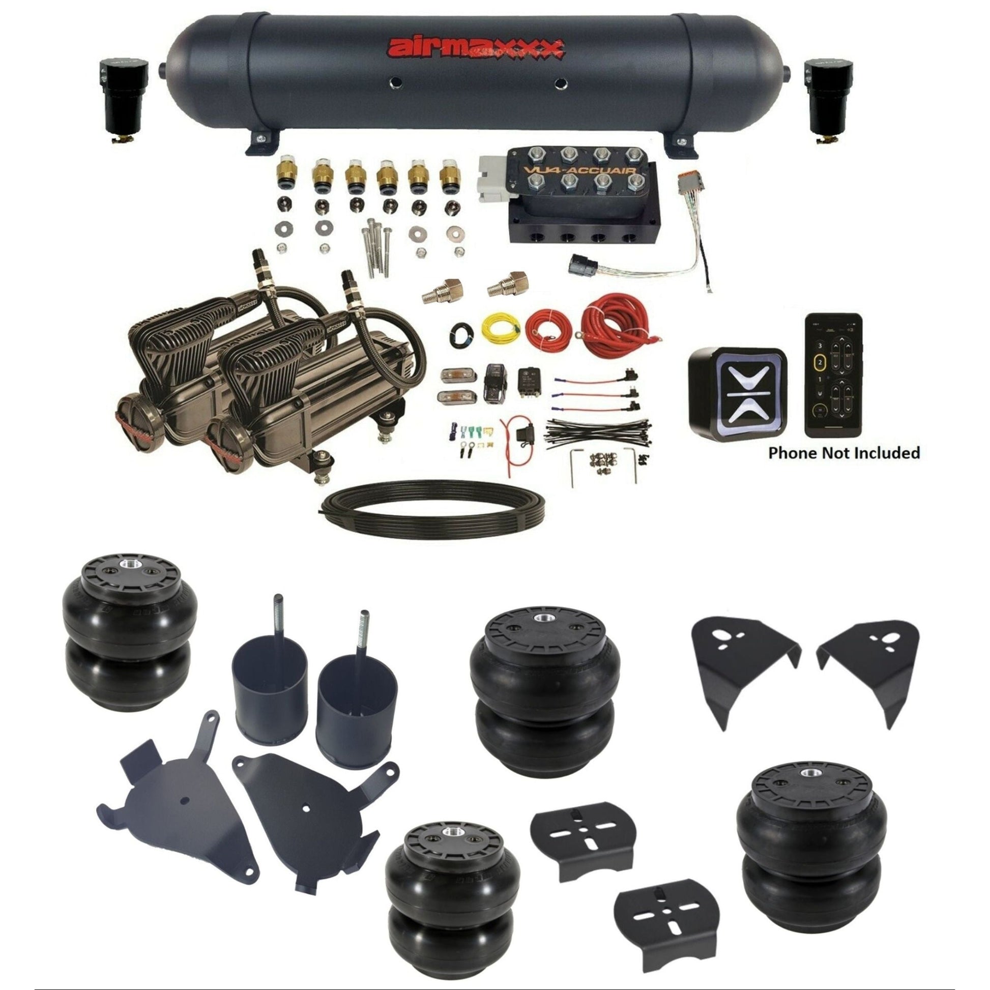 accuair e+ connect vu4 dual x-series compressors aluminum tank & slam bags air ride kit for 1982-2005 chevy s10 KS10-X2B-57ABK-VU4E-WK-HFSS6SS7
