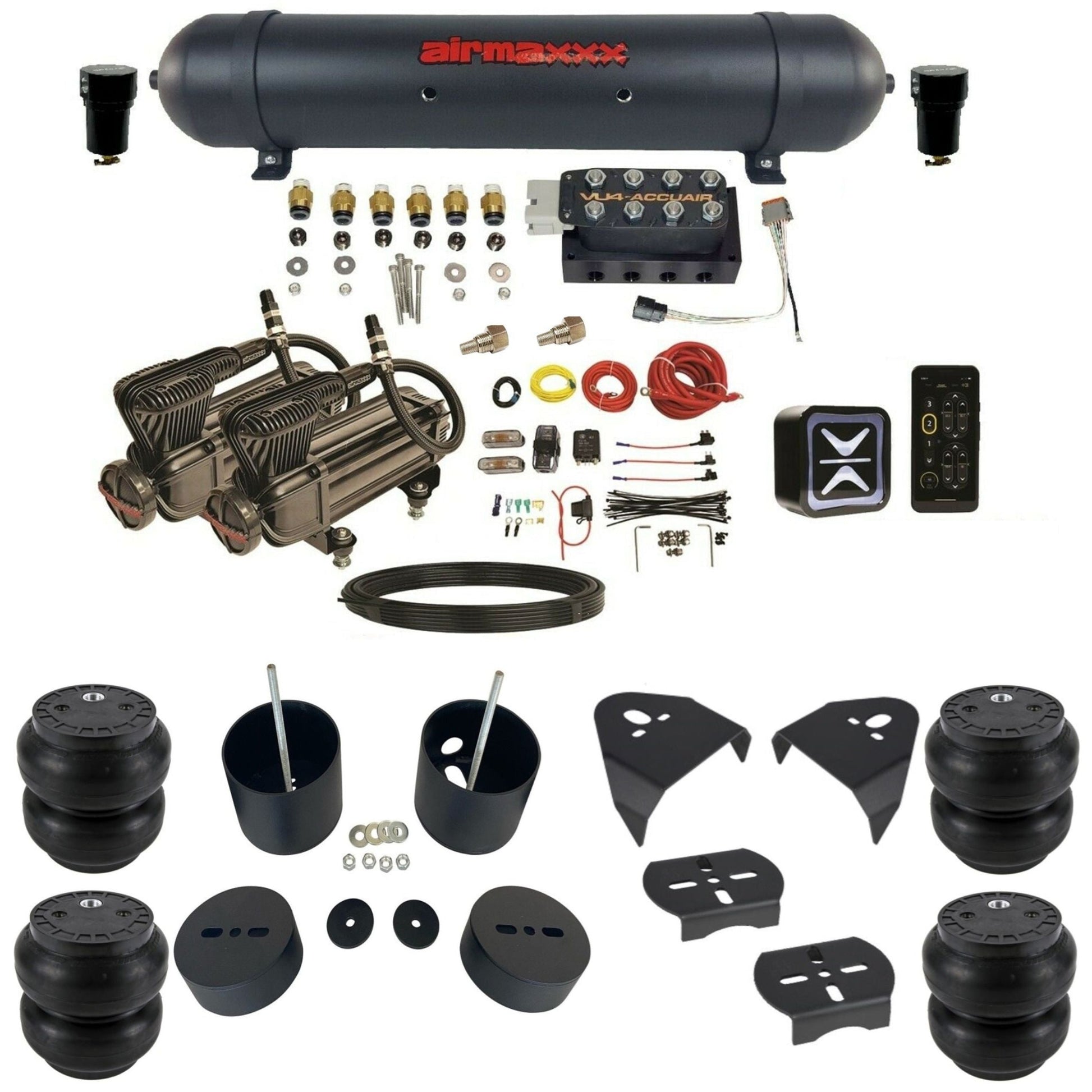 accuair e+ connect vu4 dual x-series compressors aluminum tank slam bags air ride kit for 1999-2006 silverado 1500 KGM99-X2B-57ABK-VU4E-WK-HFSS7