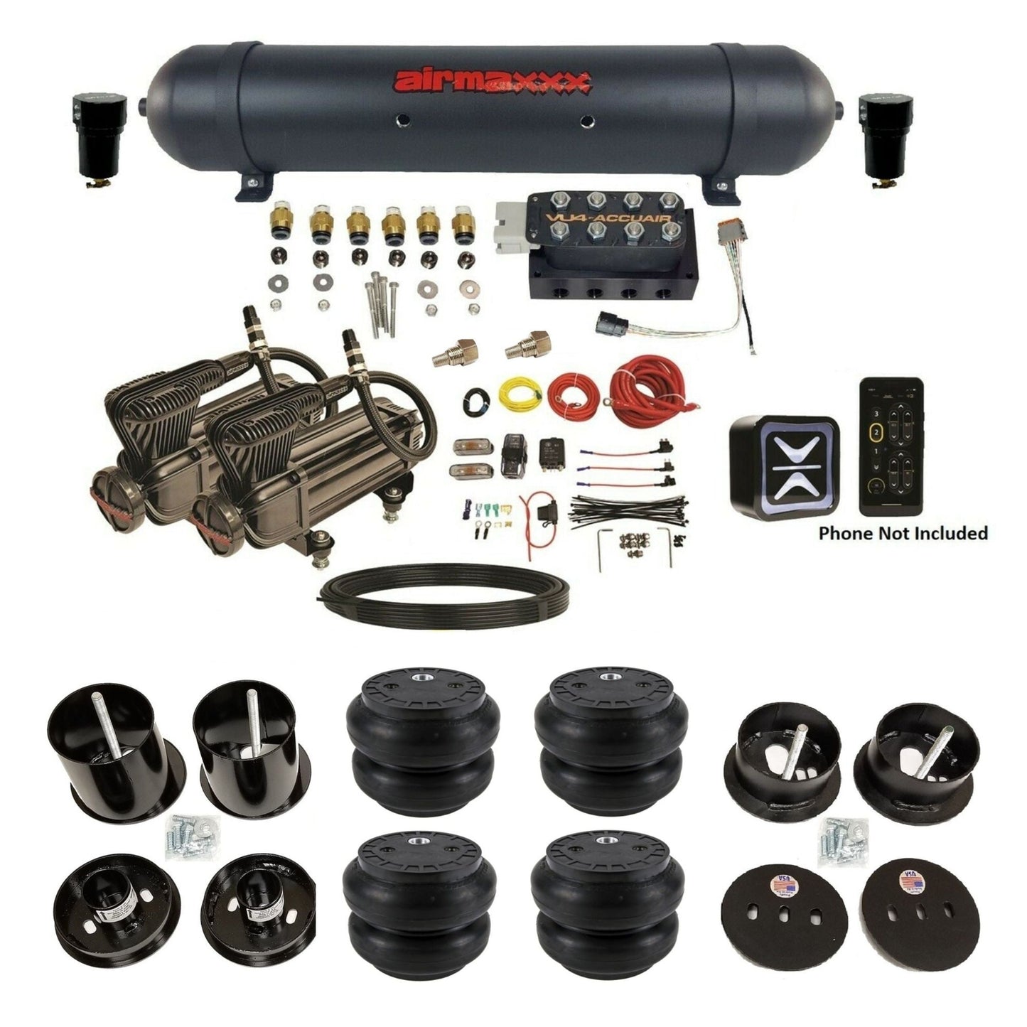 accuair e+ connect vu4 dual x-series compressors slam bags aluminum tank air ride kit all black for 1963-1964 cadillac KCAD63-XB2-57ABK-VU4E-WK-HFSS7