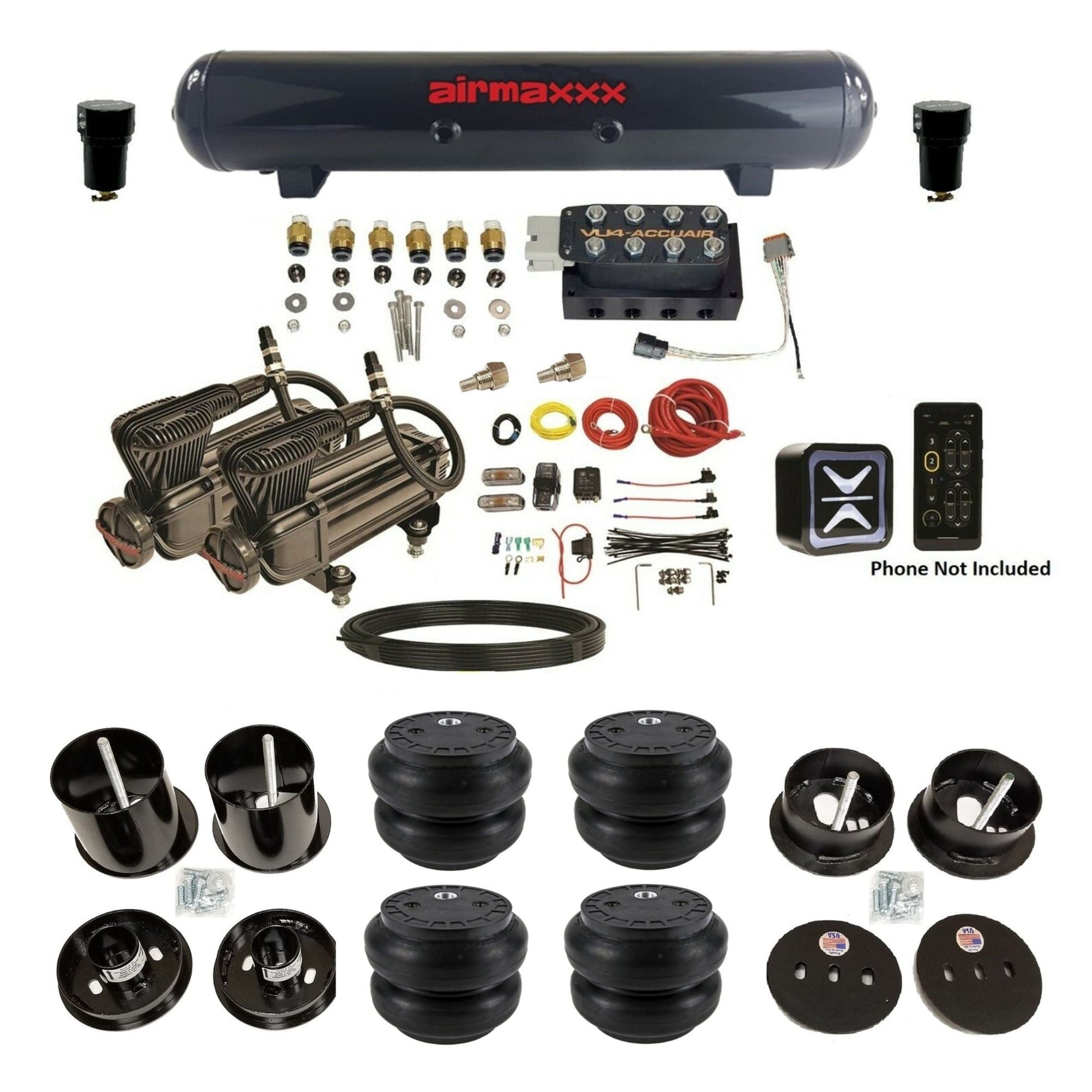 accuair e+ connect vu4 dual x-series compressors slam bags steel tank air ride kit all black for 1963-1964 cadillac KCAD63-XB2-57S-VU4E-WK-HFSS7