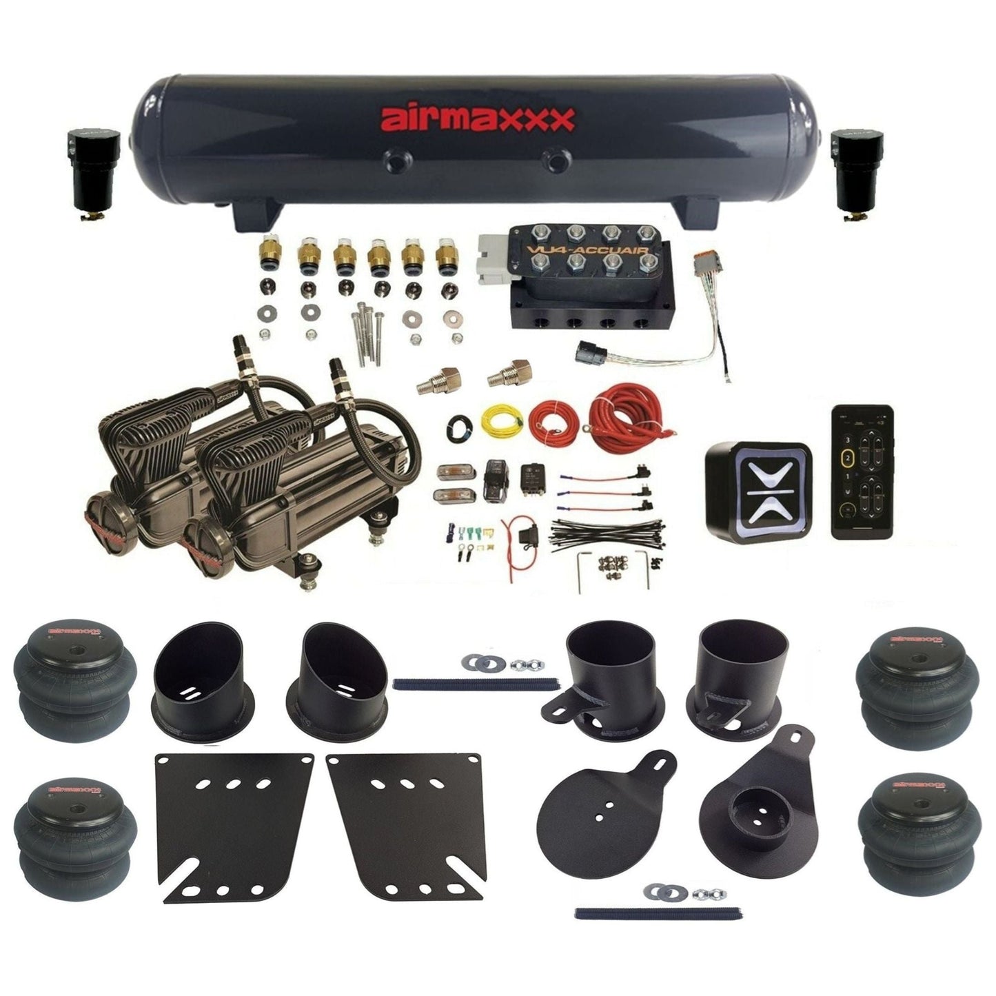 accuair e+ connect vu4 dual x-series compressors steel tank 2600 bags air ride kit for 1958-1964 chevy impala IMP58-X2B-57S-VU4E-WK-HF