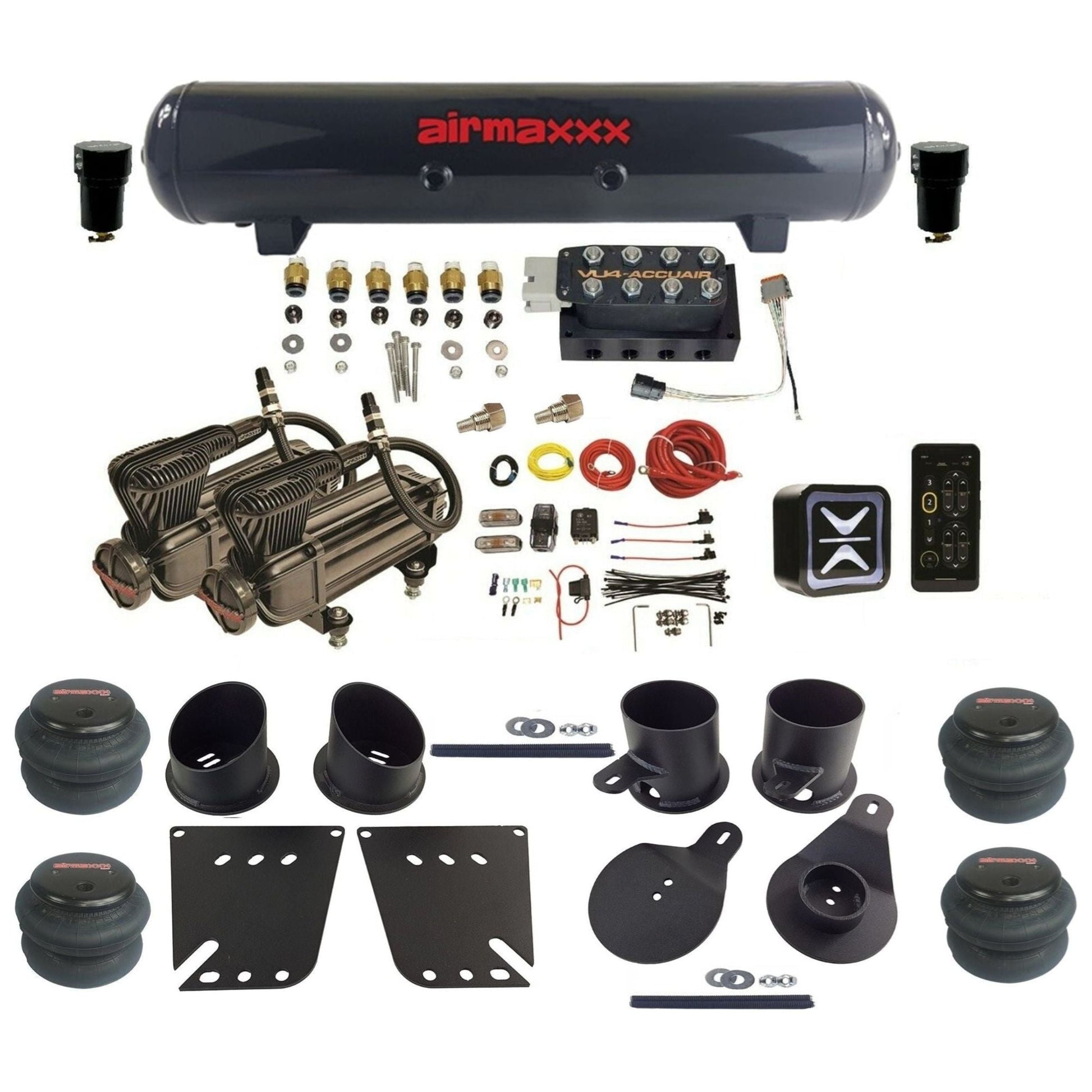 accuair e+ connect vu4 dual x-series compressors steel tank 2600 bags air ride kit for 1958-1964 chevy impala IMP58-X2B-57S-VU4E-WK-HF