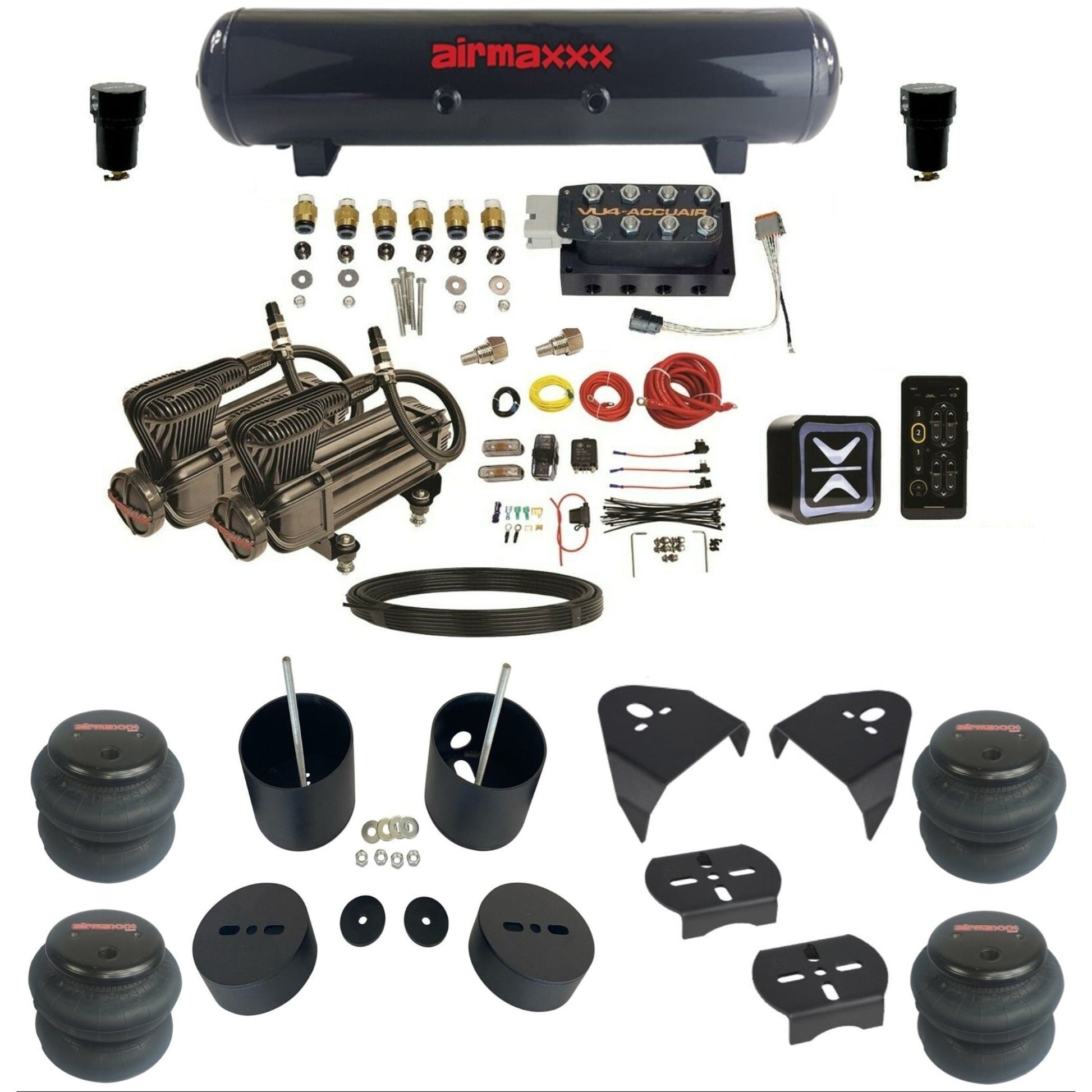 accuair e+ connect vu4 dual x-series compressors steel tank 2600 bags air ride kit for 1999-2006 silverado 1500 KGM99-XB2-57S-VU4E-WK-HF