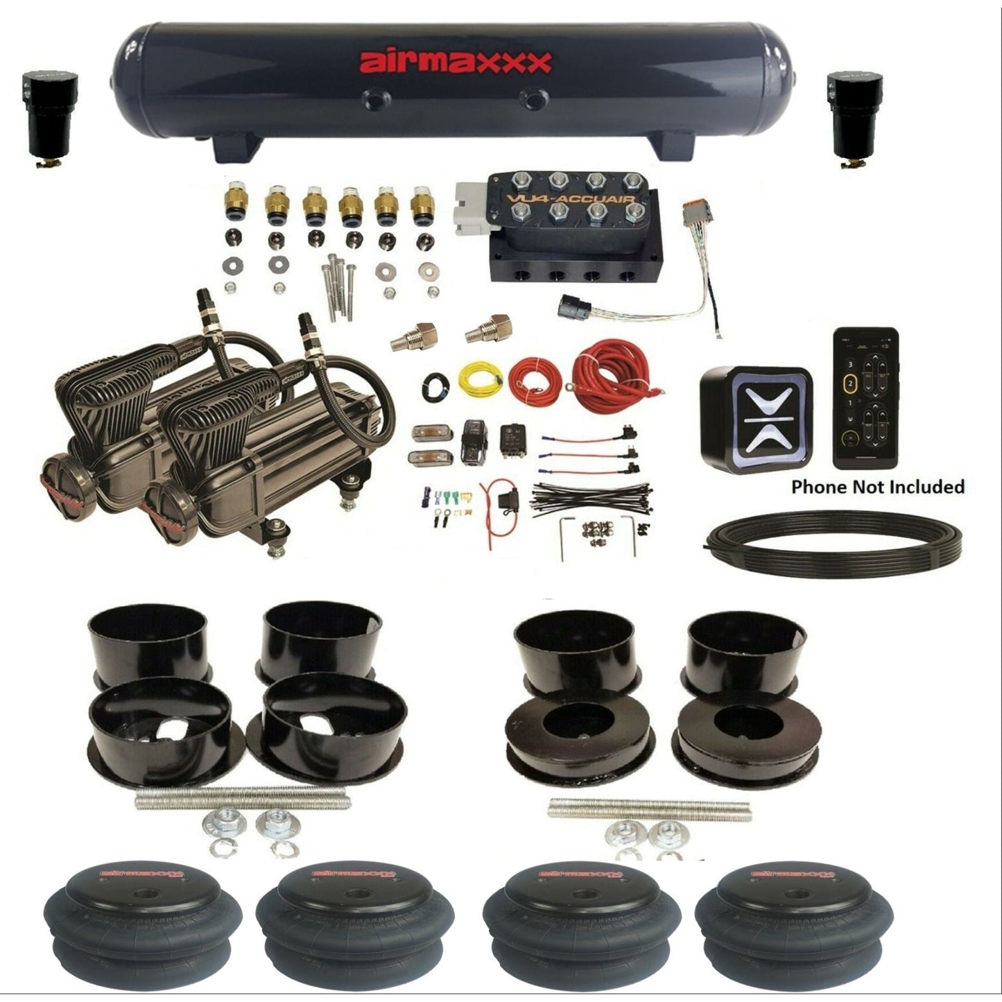 accuair e+ connect vu4 dual x-series compressors steel tank 2600 bags all black air ride kit for 1971-1996 gm b-body KBBDY-X2B-57S-VU4E-WK-HF