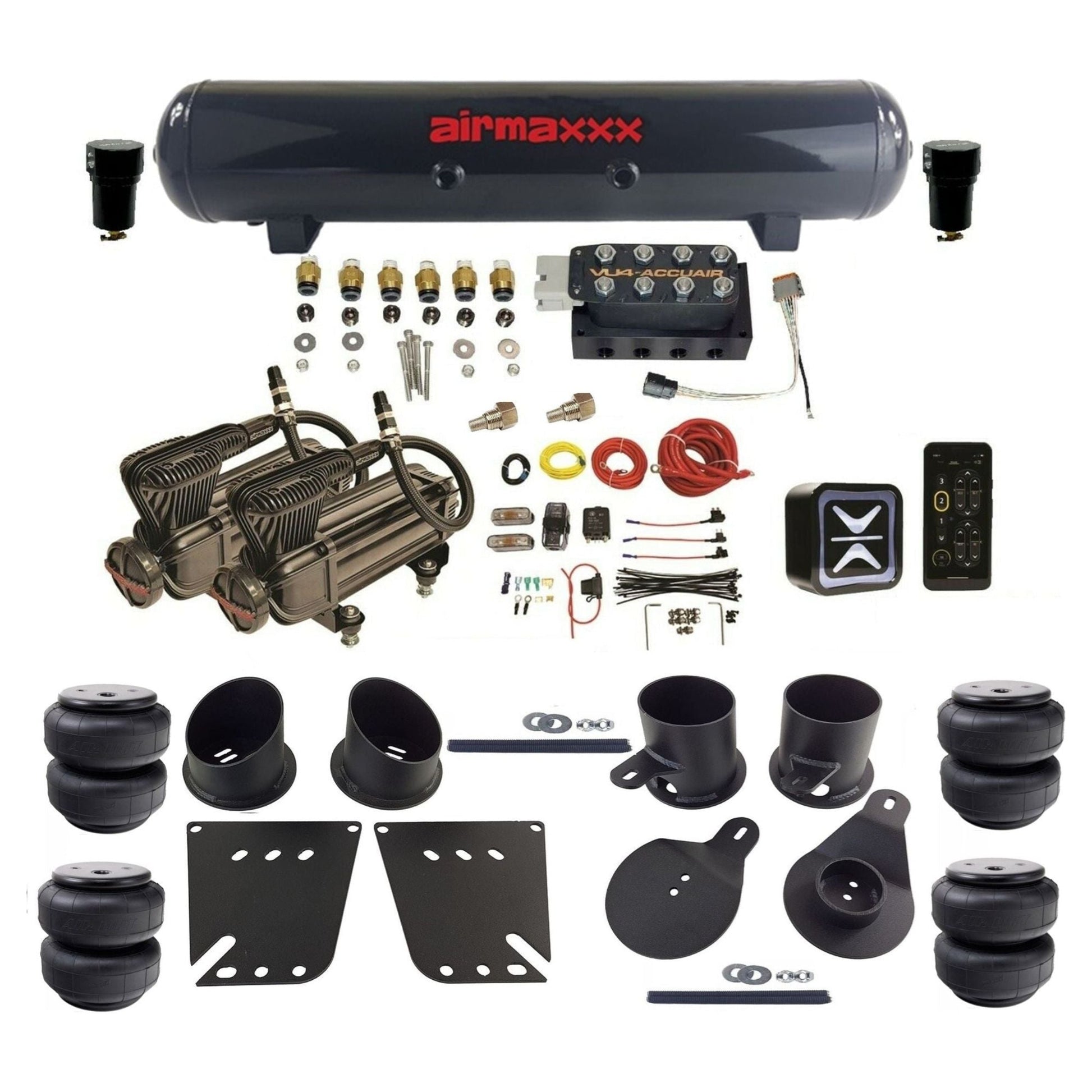 accuair e+ connect vu4 dual x-series compressors steel tank airlift bags air ride kit for 1958-1964 chevy impala KIMP58-X2B-57S-VU4E-WK-HFD25