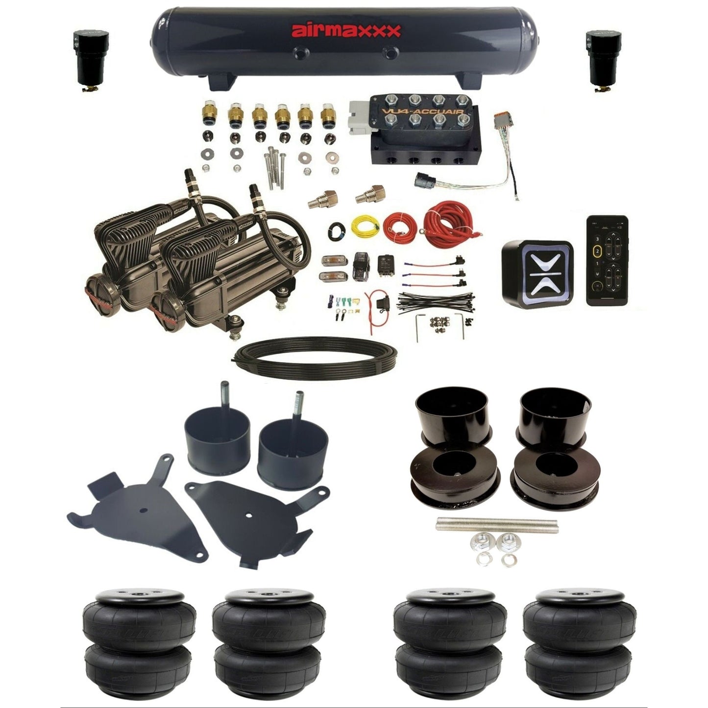 accuair e+ connect vu4 dual x-series compressors steel tank airlift bags air ride kit for 1978-1988 gm g-body KGBDY-X2B-57S-VU4E-WK-HFD25