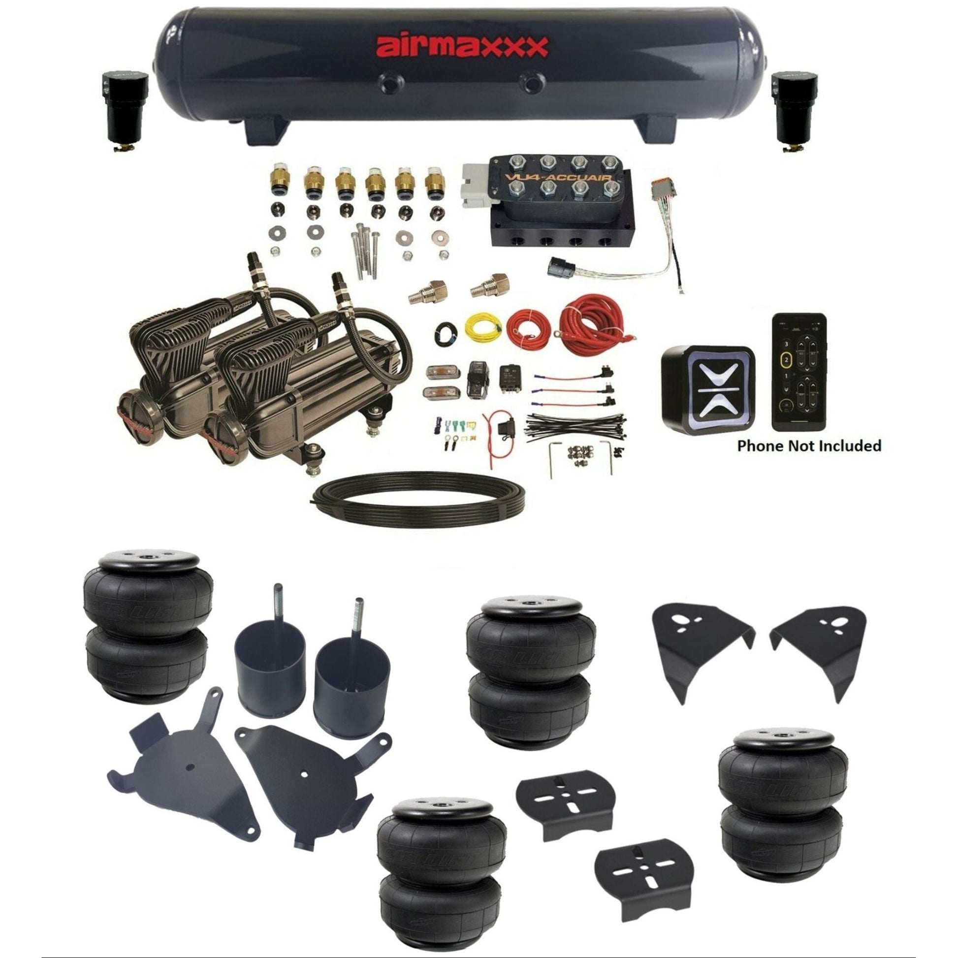 accuair e+ connect vu4 dual x-series compressors steel tank & airlift bags air ride kit for 1982-2005 chevy s10 KS10-X2B-57S-VU4E-WK-HFD25