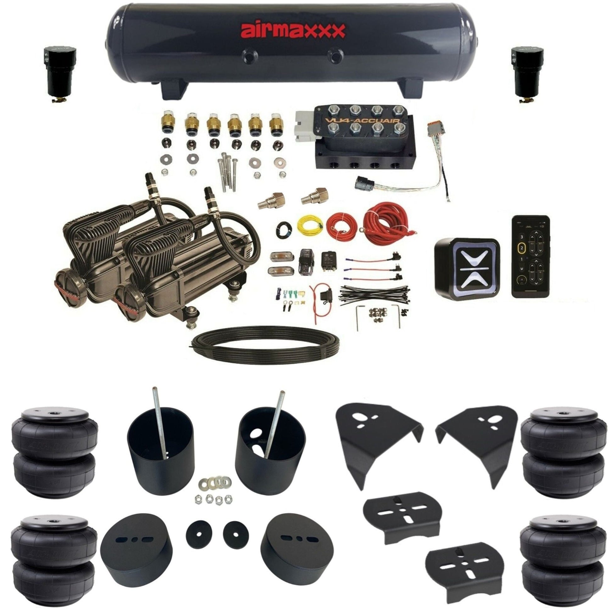 accuair e+ connect vu4 dual x-series compressors steel tank airlift bags air ride kit for 1999-2006 silverado 1500 KGM99-XB2-57S-VU4E-WK-HFD26
