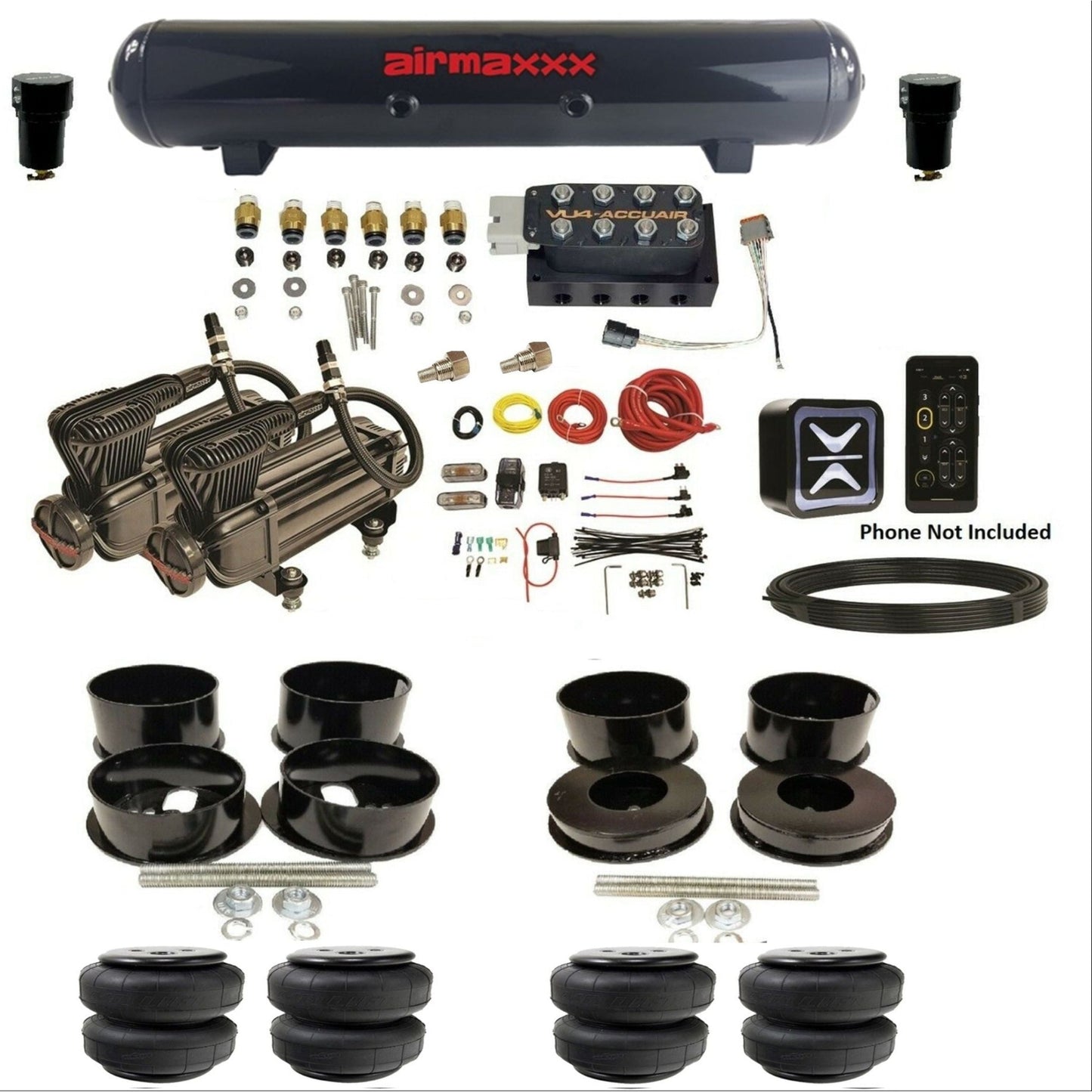 accuair e+ connect vu4 dual x-series compressors steel tank airlift bags all black air ride kit for 1971-1996 gm b-body KBBDY-X2B-57S-VU4E-WK-HFD25