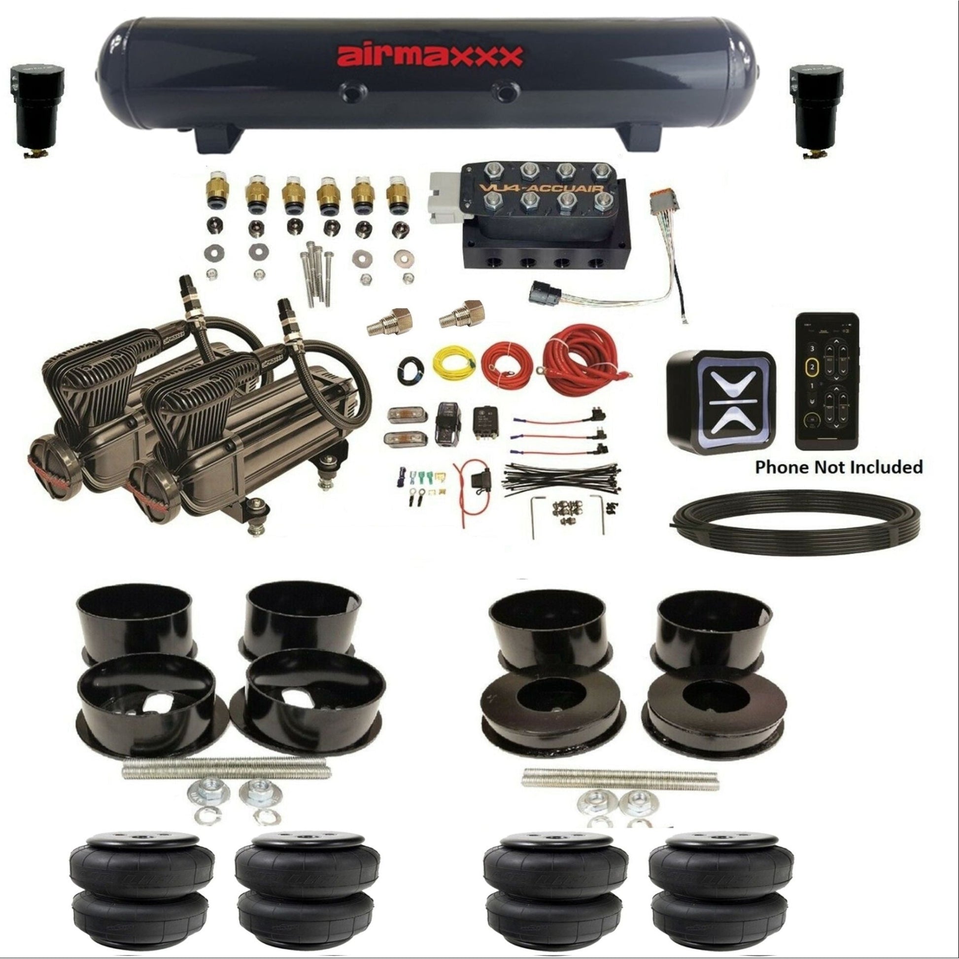 accuair e+ connect vu4 dual x-series compressors steel tank airlift bags all black air ride kit for 1971-1996 gm b-body KBBDY-X2B-57S-VU4E-WK-HFD25